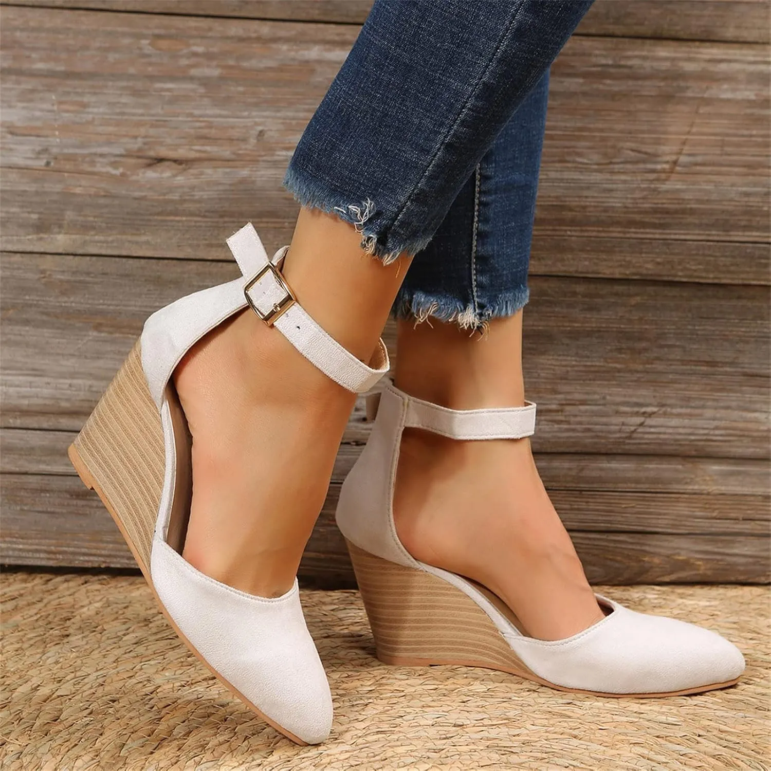 SuanlaTDS Closed Toe Wedge Sandals for Women 2025 Dressy Pointed-toe Platform Buckle Ankle Strap High Heels Elegant Ladies Comfortable Summer Dress Shoes Beach Wedding Wedges Sandal Pum-ps