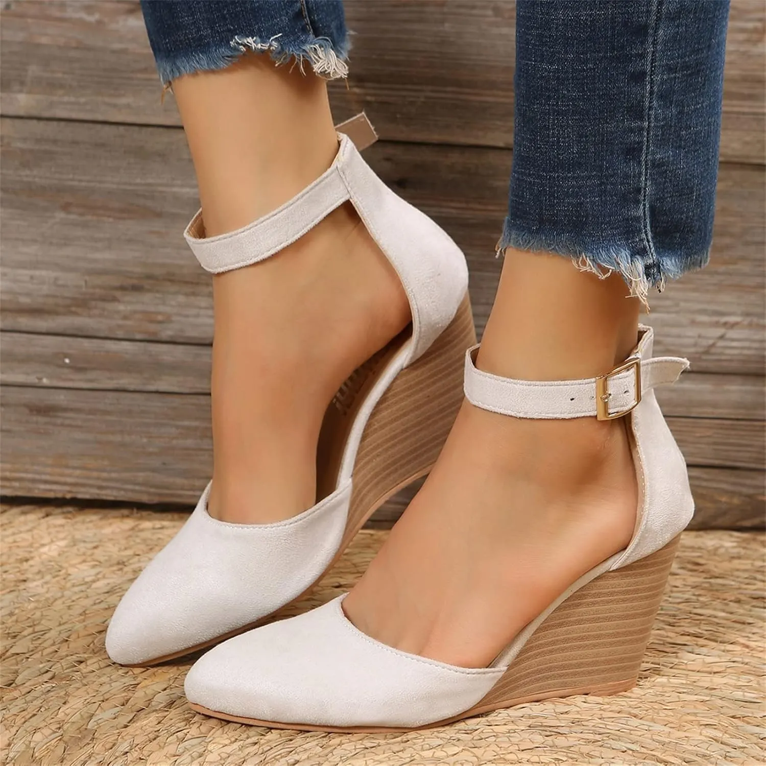 SuanlaTDS Closed Toe Wedge Sandals for Women 2025 Dressy Pointed-toe Platform Buckle Ankle Strap High Heels Elegant Ladies Comfortable Summer Dress Shoes Beach Wedding Wedges Sandal Pum-ps