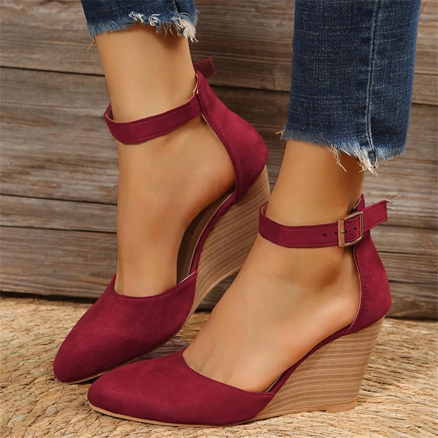 SuanlaTDS Closed Toe Wedge Sandals for Women 2025 Dressy Pointed-toe Platform Buckle Ankle Strap High Heels Elegant Ladies Comfortable Summer Dress Shoes Beach Wedding Wedges Sandal Pum-ps