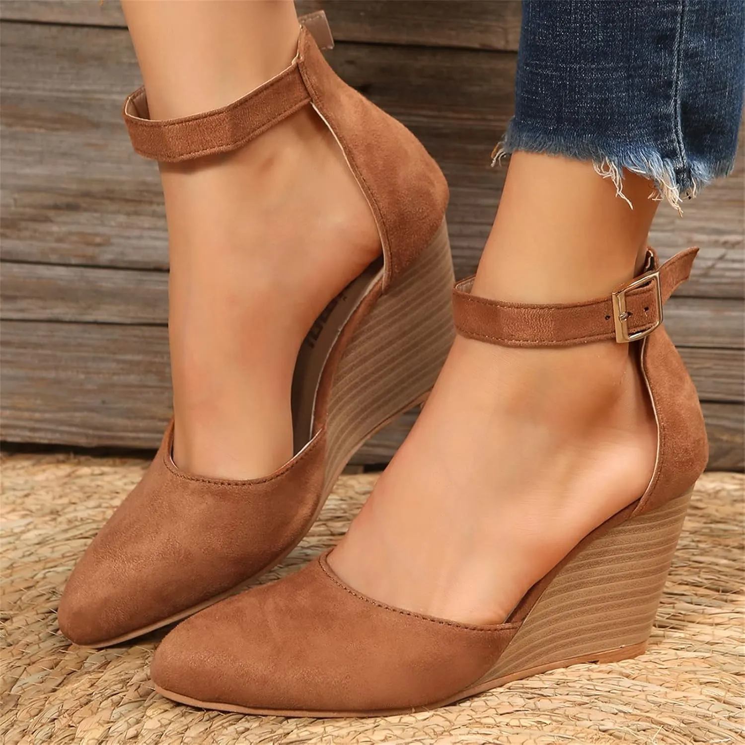SuanlaTDS Closed Toe Wedge Sandals for Women 2025 Dressy Pointed-toe Platform Buckle Ankle Strap High Heels Elegant Ladies Comfortable Summer Dress Shoes Beach Wedding Wedges Sandal Pum-ps
