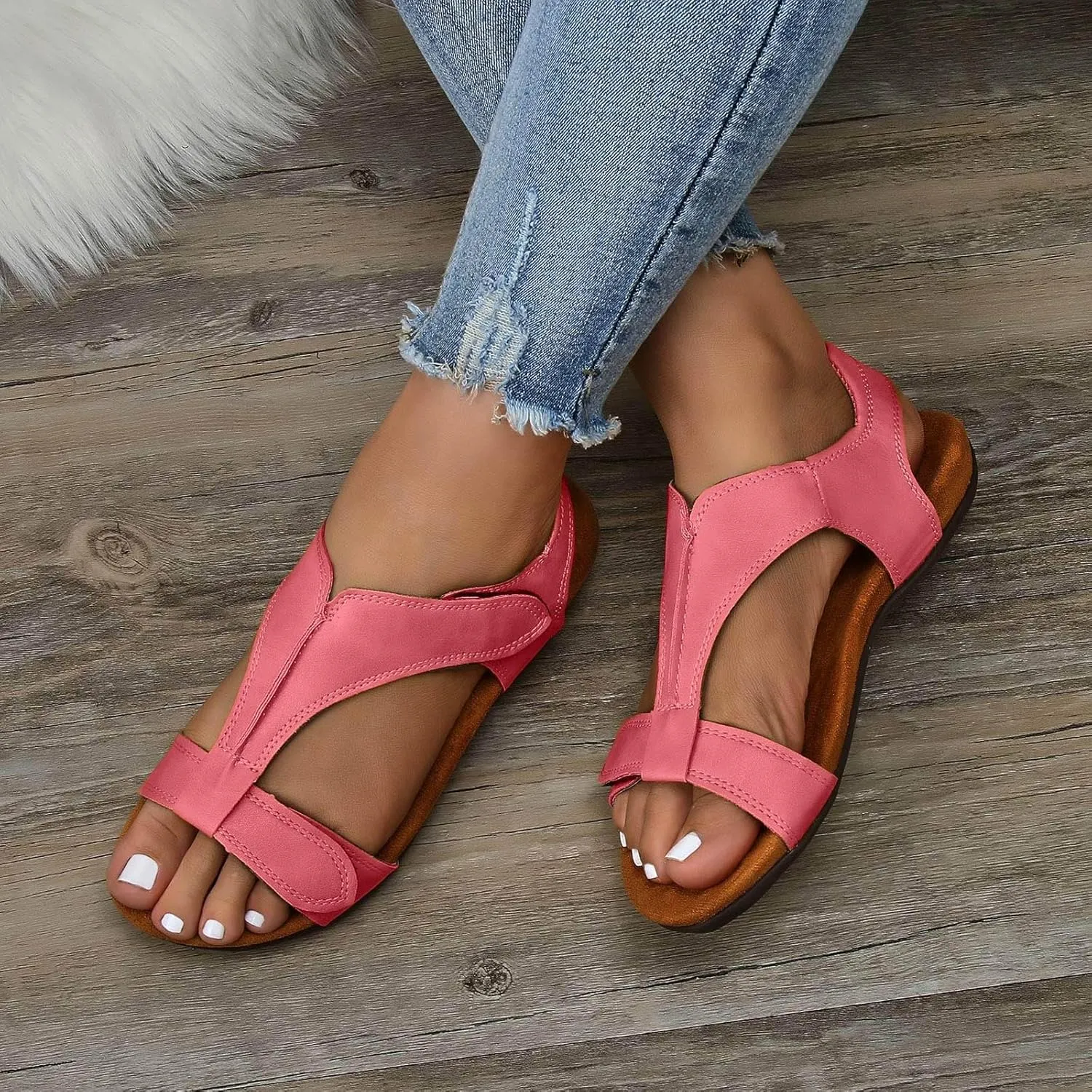 SuanlaTDS Flat Sandals for Women Dressy Summer Bohemian Comfortable Adjustable Ankle Strap Open Toe Platform Low Heels Orthopedic Sandals with Arch Support Elegant Casual Walking Shoes
