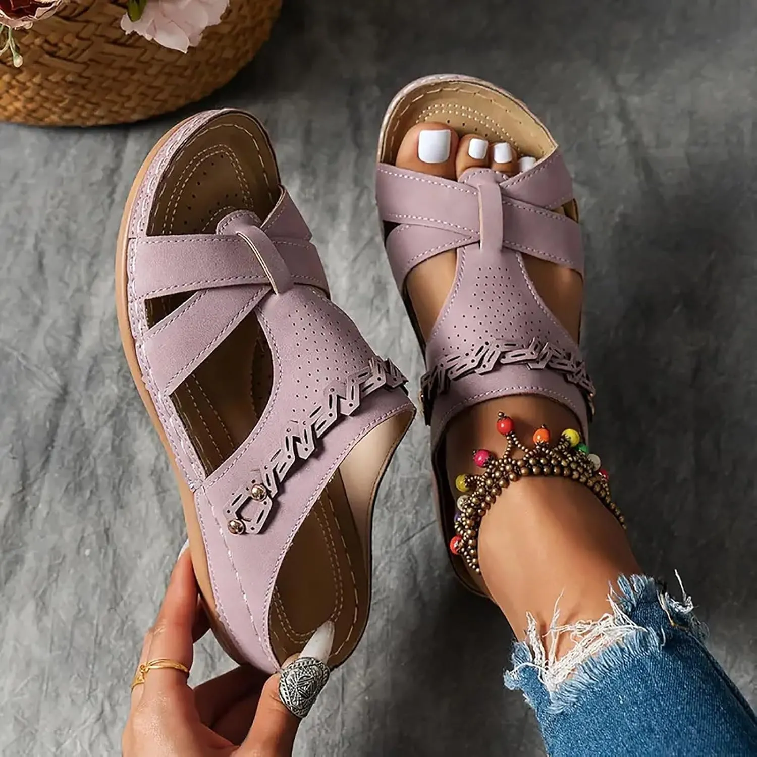 SuanlaTDS Orthopedic Sandals for Womens 2025 Summer Dressy Arch Support Flat Slip-on Casual Beach Wedge Platform Slides Comfortable Walking Shoes Low Heel Wedges Outdoor Sandal