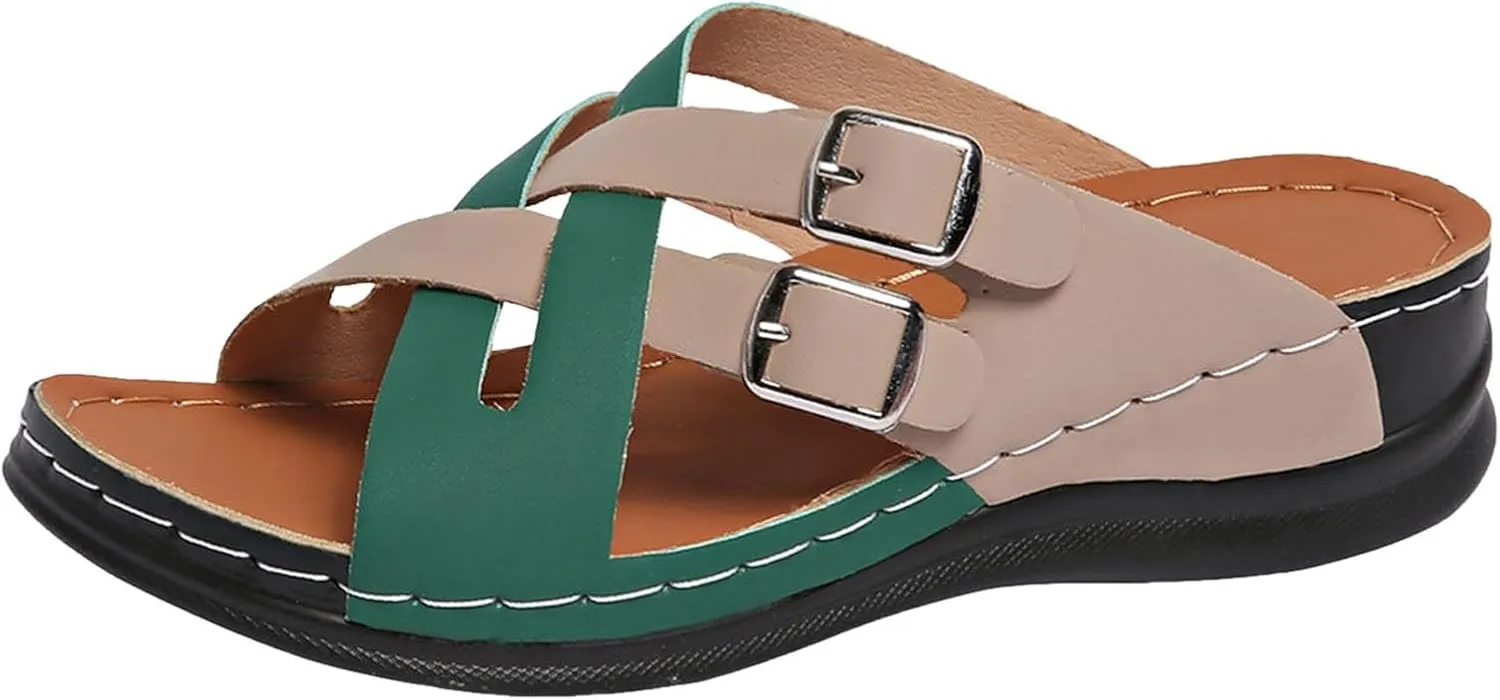 SuanlaTDS Orthopedic Wedge Sandals for Women Soft Cushion Platform Open Toe Arch Support Slip On Slide Sandals Wedges Bohemian Summer Beach Dress Shoes Comfortable Outdoor Slippers