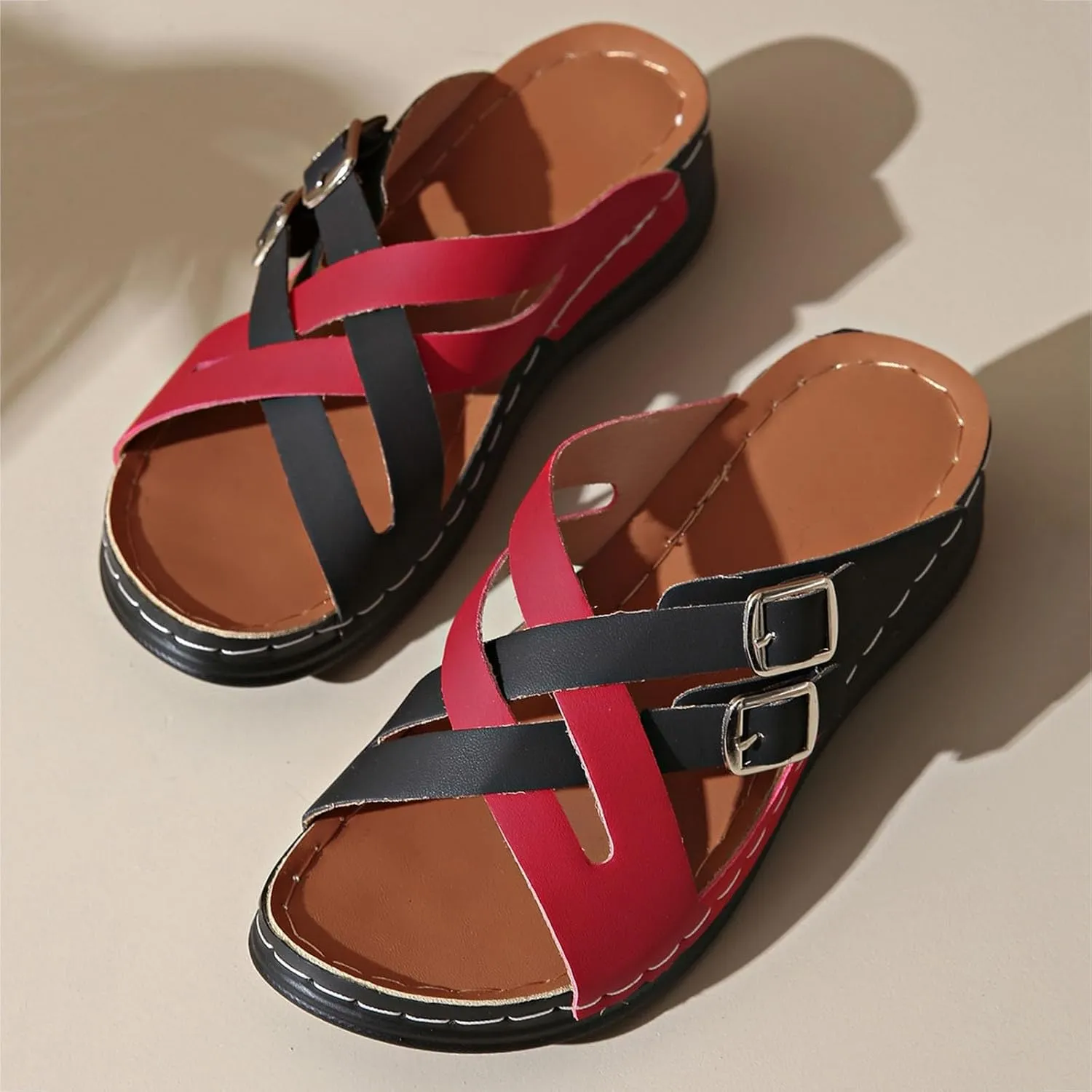 SuanlaTDS Orthopedic Wedge Sandals for Women Soft Cushion Platform Open Toe Arch Support Slip On Slide Sandals Wedges Bohemian Summer Beach Dress Shoes Comfortable Outdoor Slippers