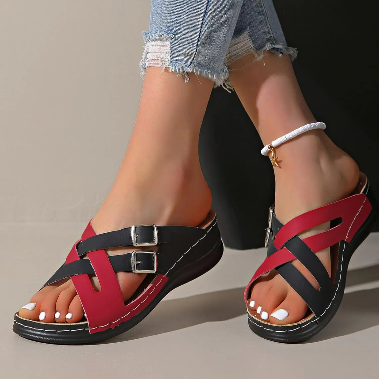 SuanlaTDS Orthopedic Wedge Sandals for Women Soft Cushion Platform Open Toe Arch Support Slip On Slide Sandals Wedges Bohemian Summer Beach Dress Shoes Comfortable Outdoor Slippers