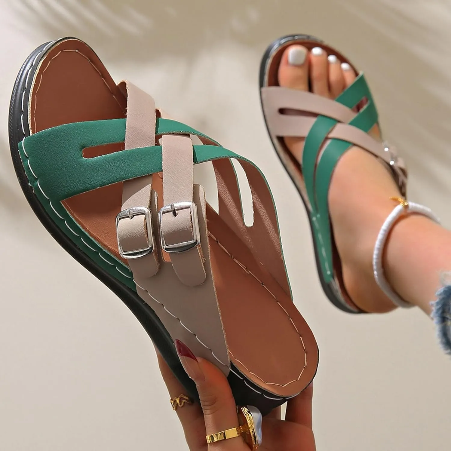 SuanlaTDS Orthopedic Wedge Sandals for Women Soft Cushion Platform Open Toe Arch Support Slip On Slide Sandals Wedges Bohemian Summer Beach Dress Shoes Comfortable Outdoor Slippers