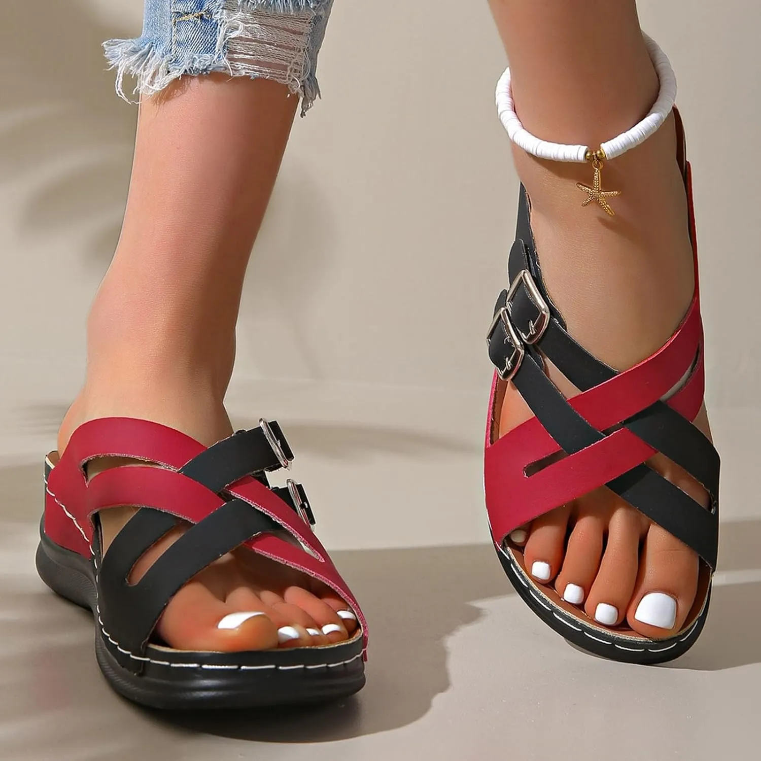 SuanlaTDS Orthopedic Wedge Sandals for Women Soft Cushion Platform Open Toe Arch Support Slip On Slide Sandals Wedges Bohemian Summer Beach Dress Shoes Comfortable Outdoor Slippers