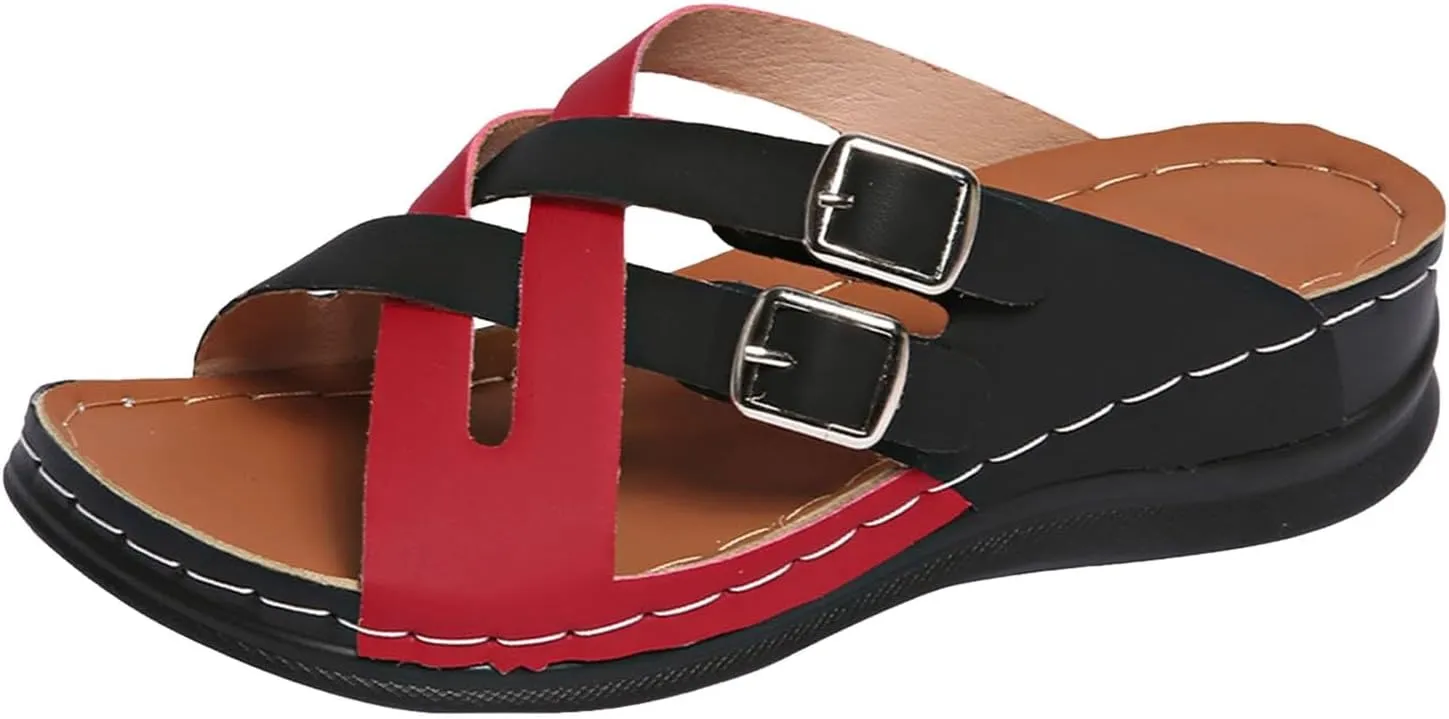 SuanlaTDS Orthopedic Wedge Sandals for Women Soft Cushion Platform Open Toe Arch Support Slip On Slide Sandals Wedges Bohemian Summer Beach Dress Shoes Comfortable Outdoor Slippers