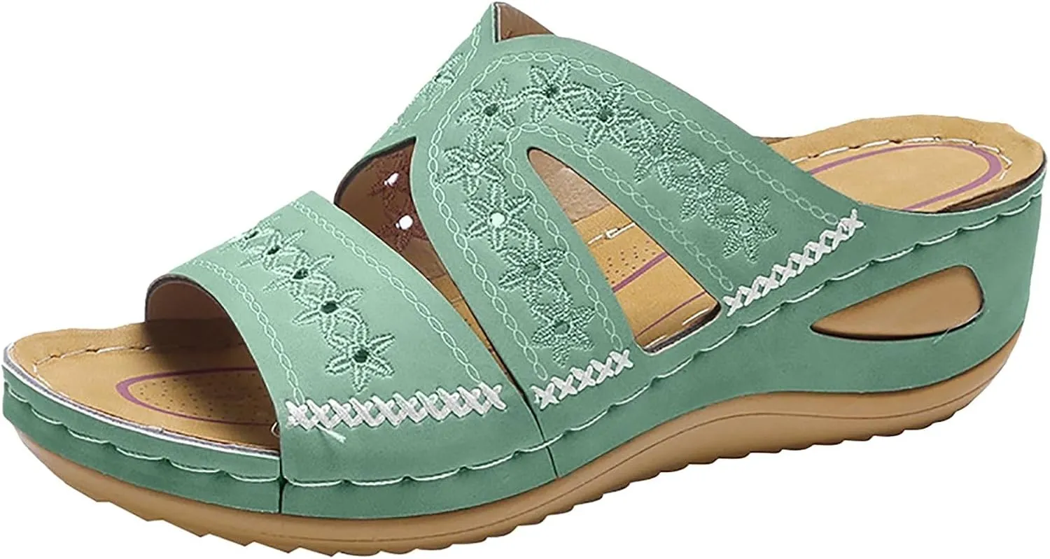 SuanlaTDS Orthopedic Wedge Sandals for Women Summer Dressy Comfortable Platform Open Toe Low Heels Wedges Slide Sandals with Arch Support Casual Bohemian Beach Outdoor Walking Shoes