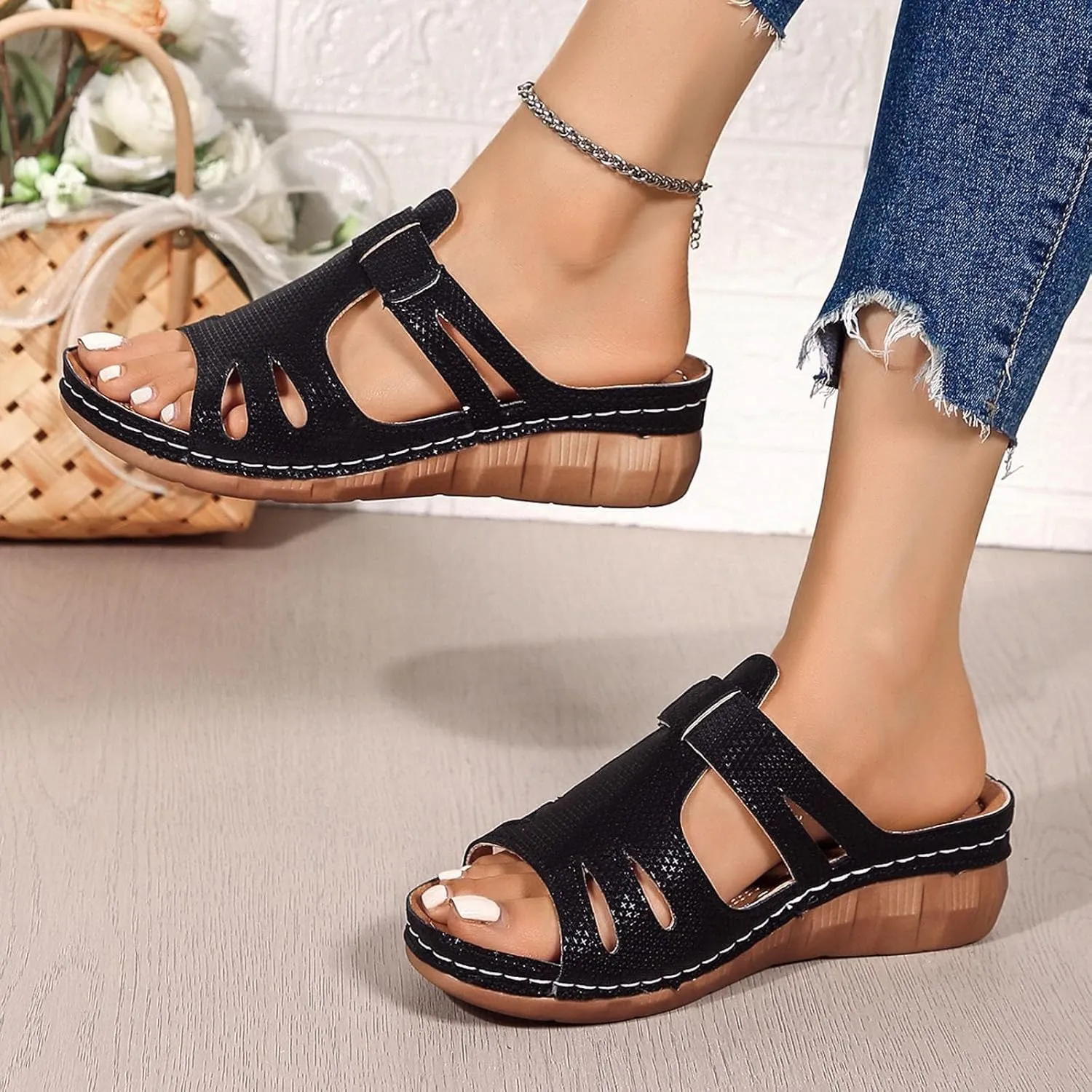 SuanlaTDS Platform Sandals for Women Wedge Comfortable Orthopedic Shoes Dressy Summer Casual Outdoor Walking Flat Slip On Open Toe Wedges Low Heels Slide Sandals with Arch Support