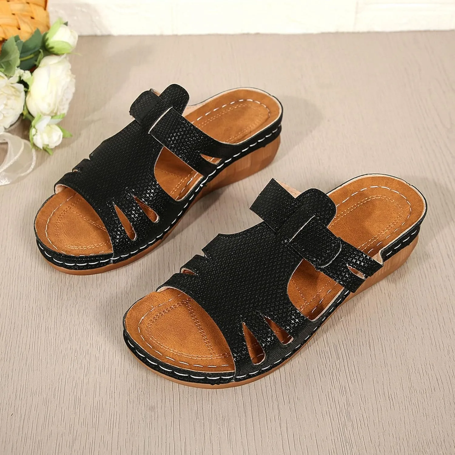SuanlaTDS Platform Sandals for Women Wedge Comfortable Orthopedic Shoes Dressy Summer Casual Outdoor Walking Flat Slip On Open Toe Wedges Low Heels Slide Sandals with Arch Support