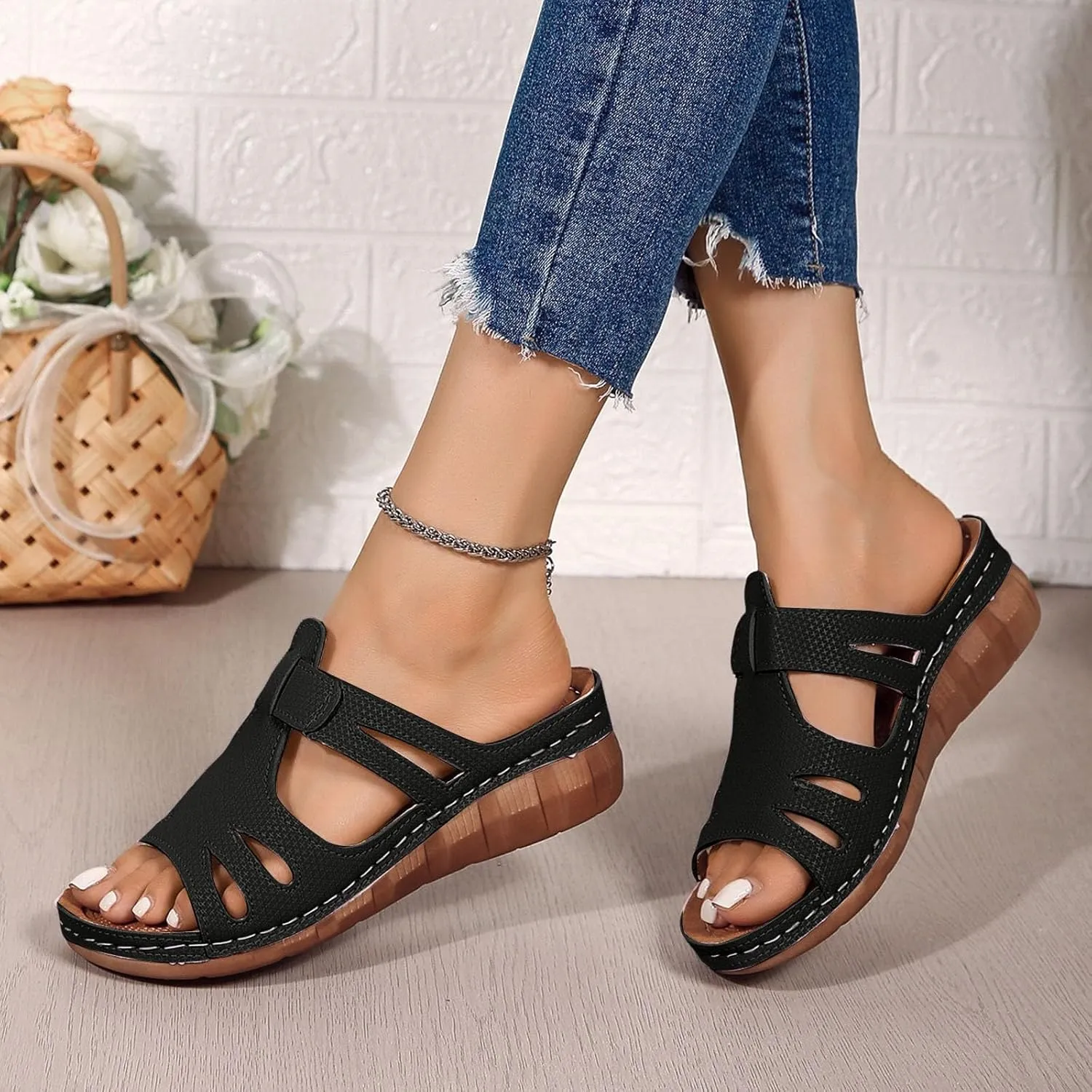 SuanlaTDS Platform Sandals for Women Wedge Comfortable Orthopedic Shoes Dressy Summer Casual Outdoor Walking Flat Slip On Open Toe Wedges Low Heels Slide Sandals with Arch Support