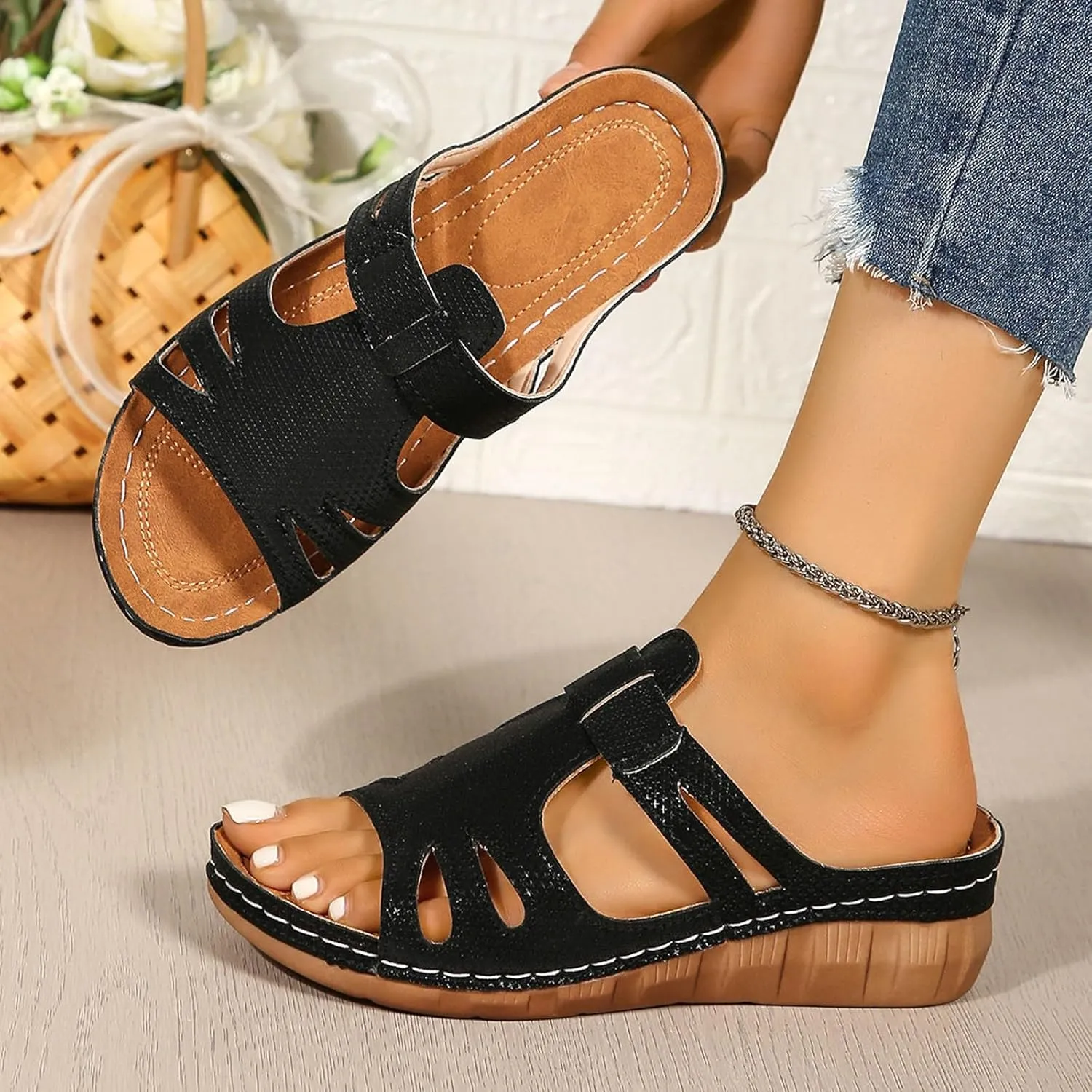 SuanlaTDS Platform Sandals for Women Wedge Comfortable Orthopedic Shoes Dressy Summer Casual Outdoor Walking Flat Slip On Open Toe Wedges Low Heels Slide Sandals with Arch Support