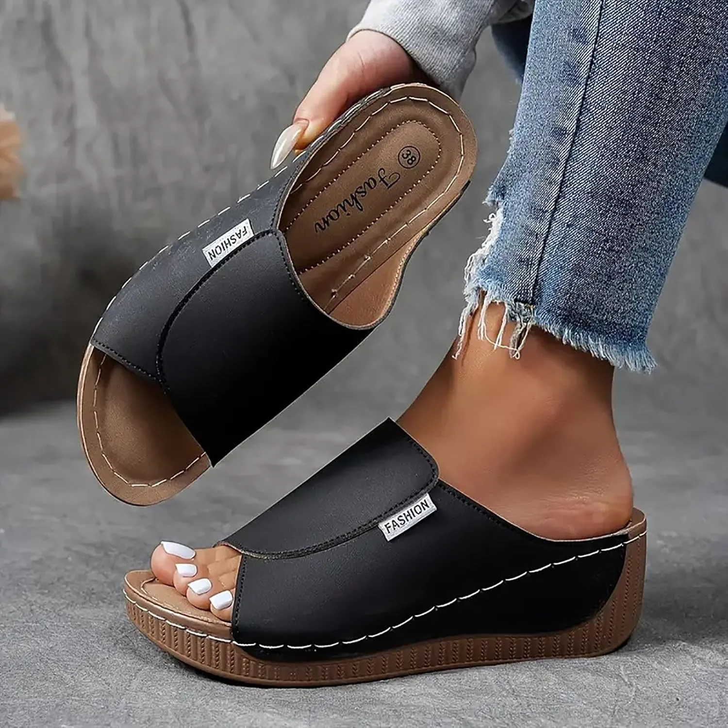 SuanlaTDS Summer Sandals for Women Orthopedic Wedge Dressy Comfortable Platform Wide Width Open Toe Slip-on Slides 2025 High Heels Arch Support Daily Wear Outdoor Beach Walking Shoes
