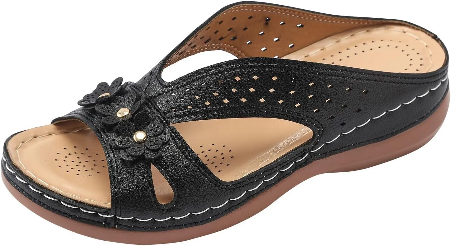 SuanlaTDS Wedge Sandals for Women Orthopedic Arch Support Platform Summer Dressy Flowers Open Toe Slip On Slides Comfortable Thick Sole Low Heel Beach Shoes Boho Elegant Wedges Slide Sandal