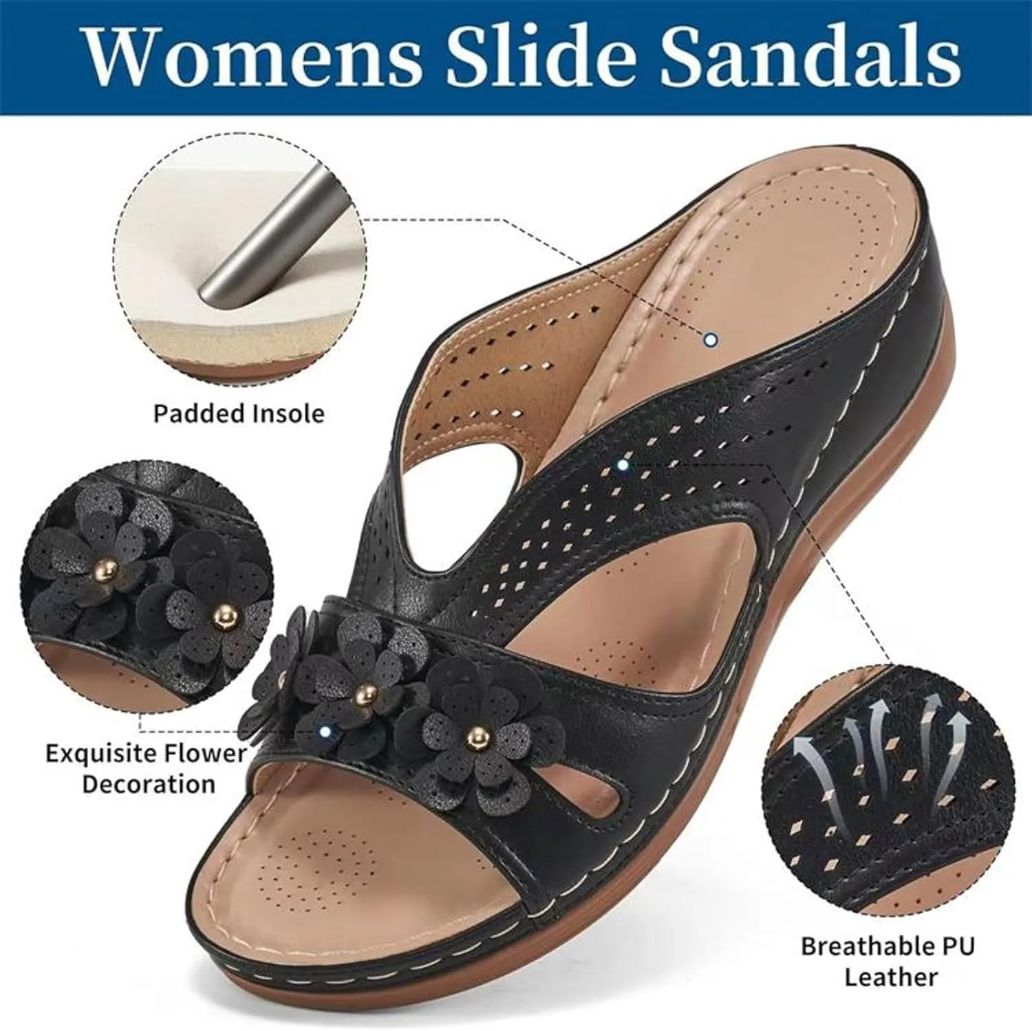 SuanlaTDS Wedge Sandals for Women Orthopedic Arch Support Platform Summer Dressy Flowers Open Toe Slip On Slides Comfortable Thick Sole Low Heel Beach Shoes Boho Elegant Wedges Slide Sandal