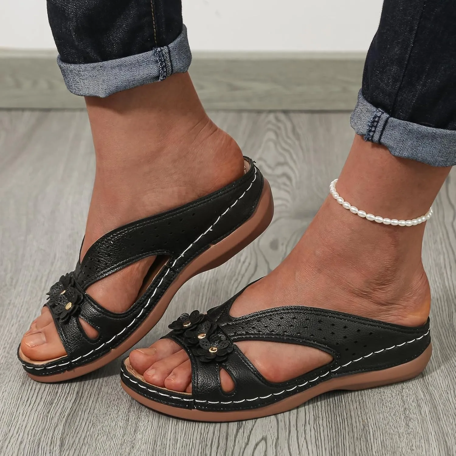 SuanlaTDS Wedge Sandals for Women Orthopedic Arch Support Platform Summer Dressy Flowers Open Toe Slip On Slides Comfortable Thick Sole Low Heel Beach Shoes Boho Elegant Wedges Slide Sandal