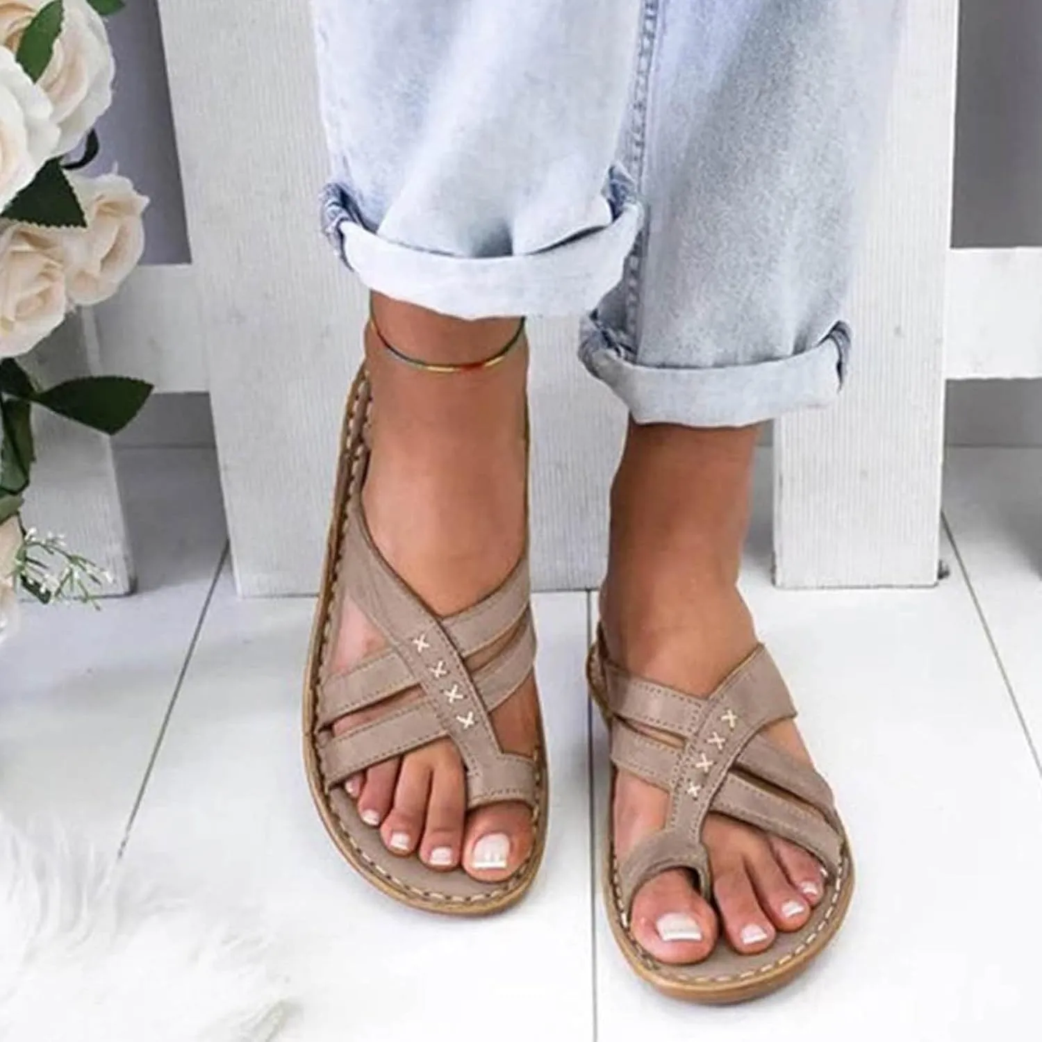 SuanlaTDS Wedge Sandals for Women Orthopedic Flip Flops 2025 Comfortable Arch Support Crisscross Open Toe Thong Slip On Slides Dressy Summer Outdoor Beach Shoes Low Heels Slide Sandal