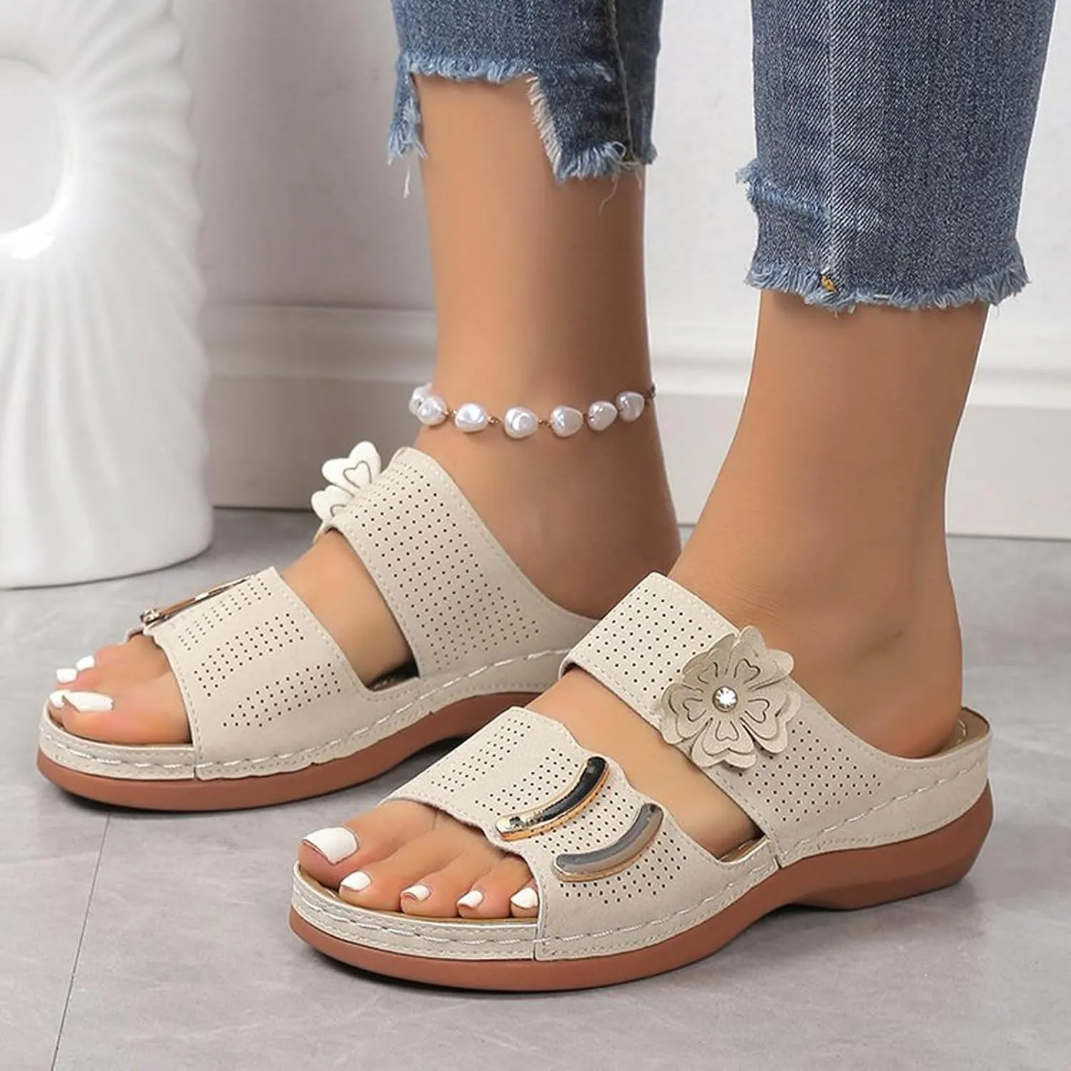 SuanlaTDS Wedge Sandals for Women Orthopedic Summer Dressy 2025 Comfortable Low Heels Arch Support Open Toe Slip On Walking Shoes Casual Outdoor Beach Platform Wedges Slide Sandal