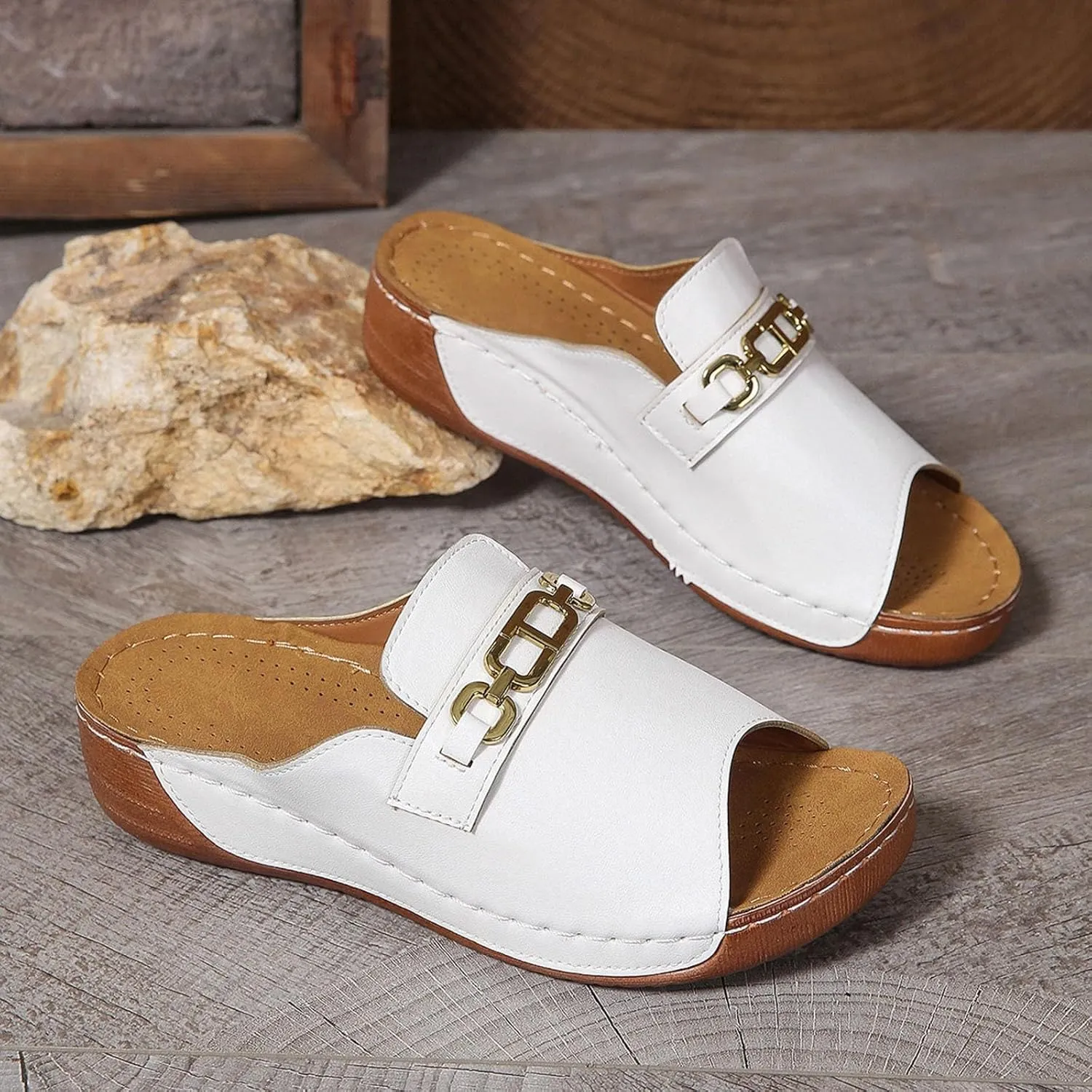 SuanlaTDS Womens Platform Sandals Orthopedic Wedge Summer Beach Shoes Comfortable Bohemian Arch Support Open Toe Slip On Slide Sandals Casual Low Wedges Heels Outdoor Walking Shoes