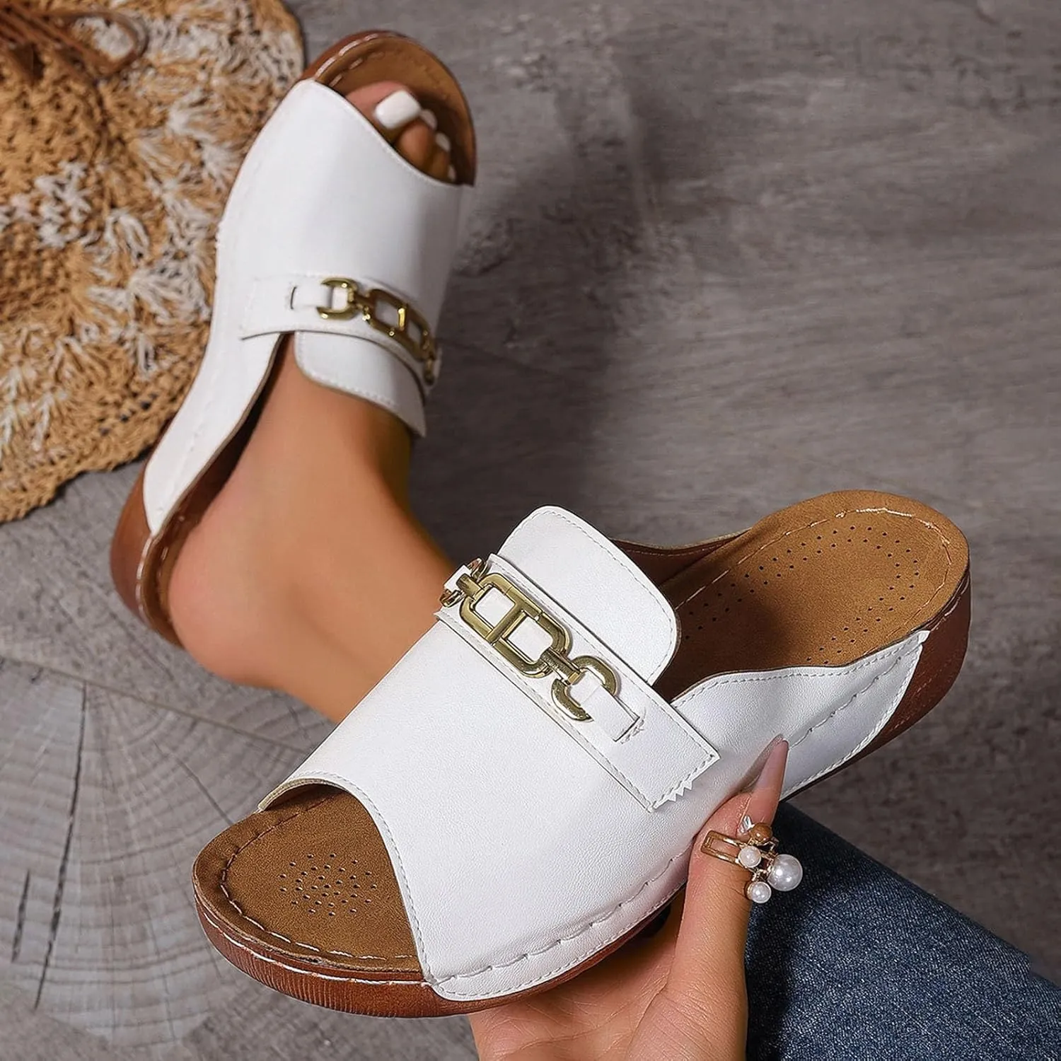 SuanlaTDS Womens Platform Sandals Orthopedic Wedge Summer Beach Shoes Comfortable Bohemian Arch Support Open Toe Slip On Slide Sandals Casual Low Wedges Heels Outdoor Walking Shoes