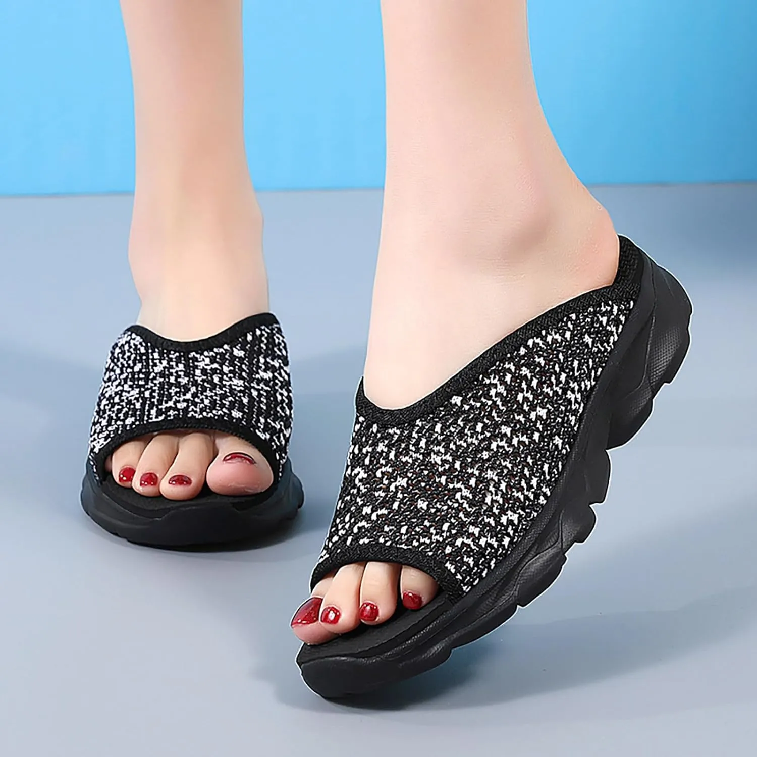 SuanlaTDS Women's Platform Wedge Sandals 2025 Open Toe Slip On Slides Comfortable Summer Beach Orthopedic Backless Low Wedges Heels Casual Dressy Indoor Outdoor Walking Shoes