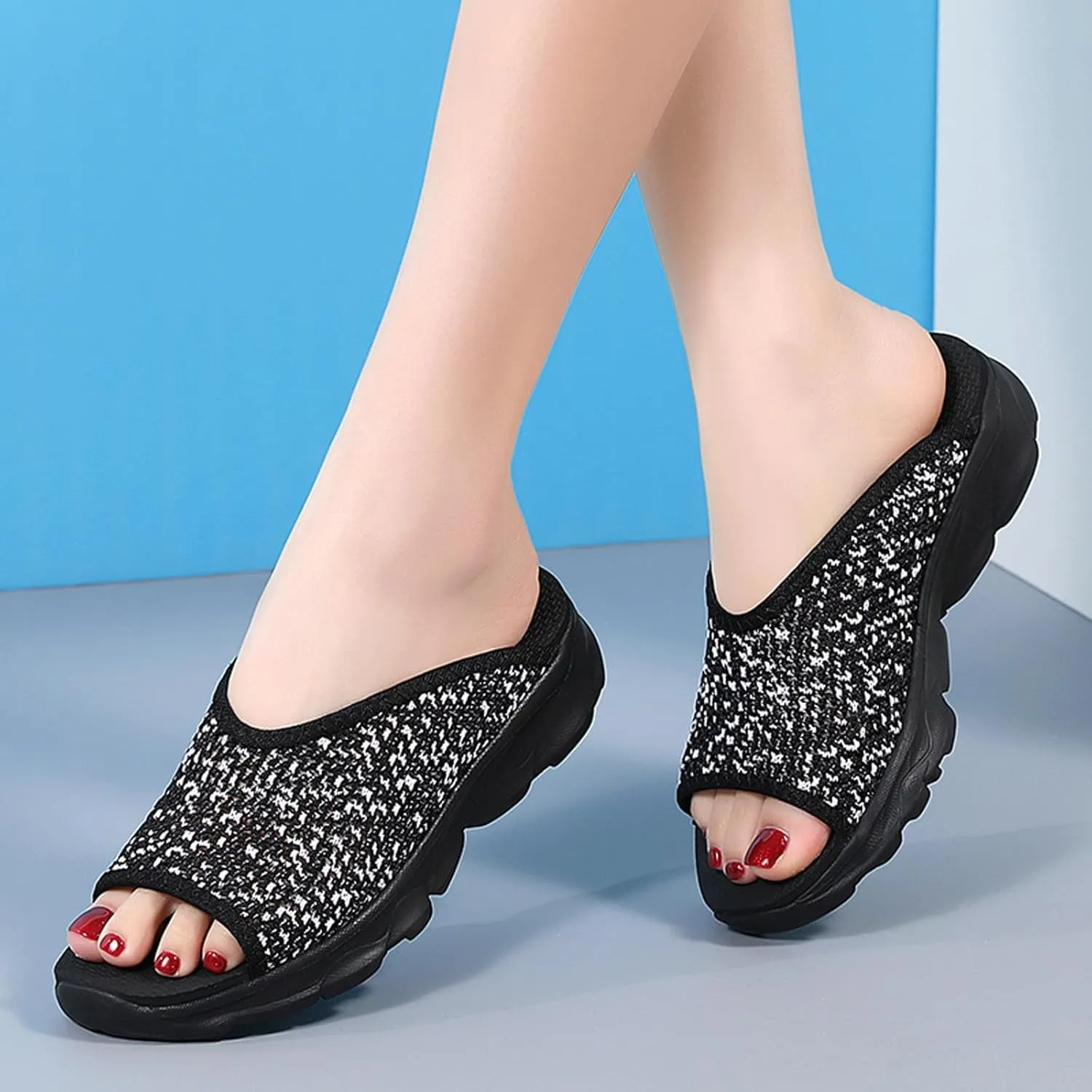 SuanlaTDS Women's Platform Wedge Sandals 2025 Open Toe Slip On Slides Comfortable Summer Beach Orthopedic Backless Low Wedges Heels Casual Dressy Indoor Outdoor Walking Shoes
