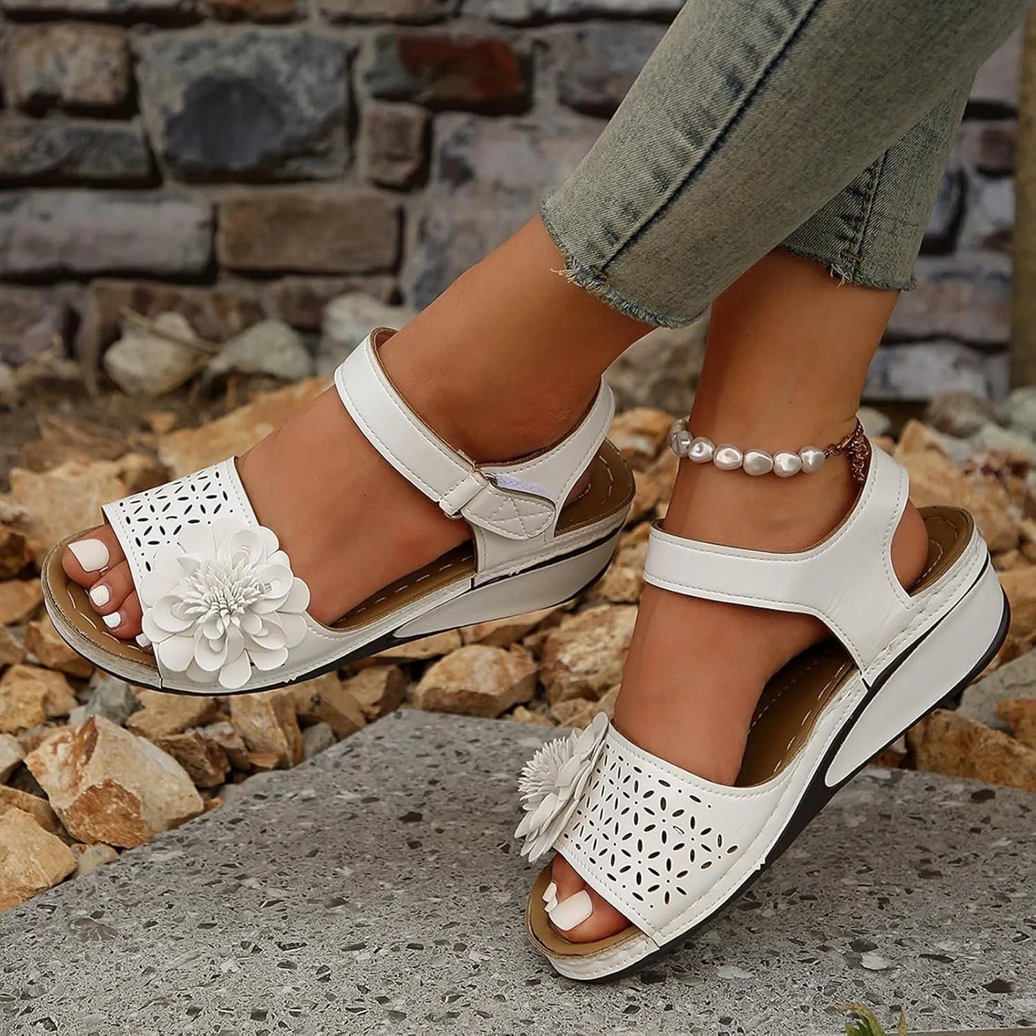 SuanlaTDS Women's Platform Wedge Sandals Comfortable Flower Open Toe Chunky Bottom Low Wedges Heels Orthopedic Sandals with Arch Support Adjustable Ankle Strap Summer Elegant Dress Shoes