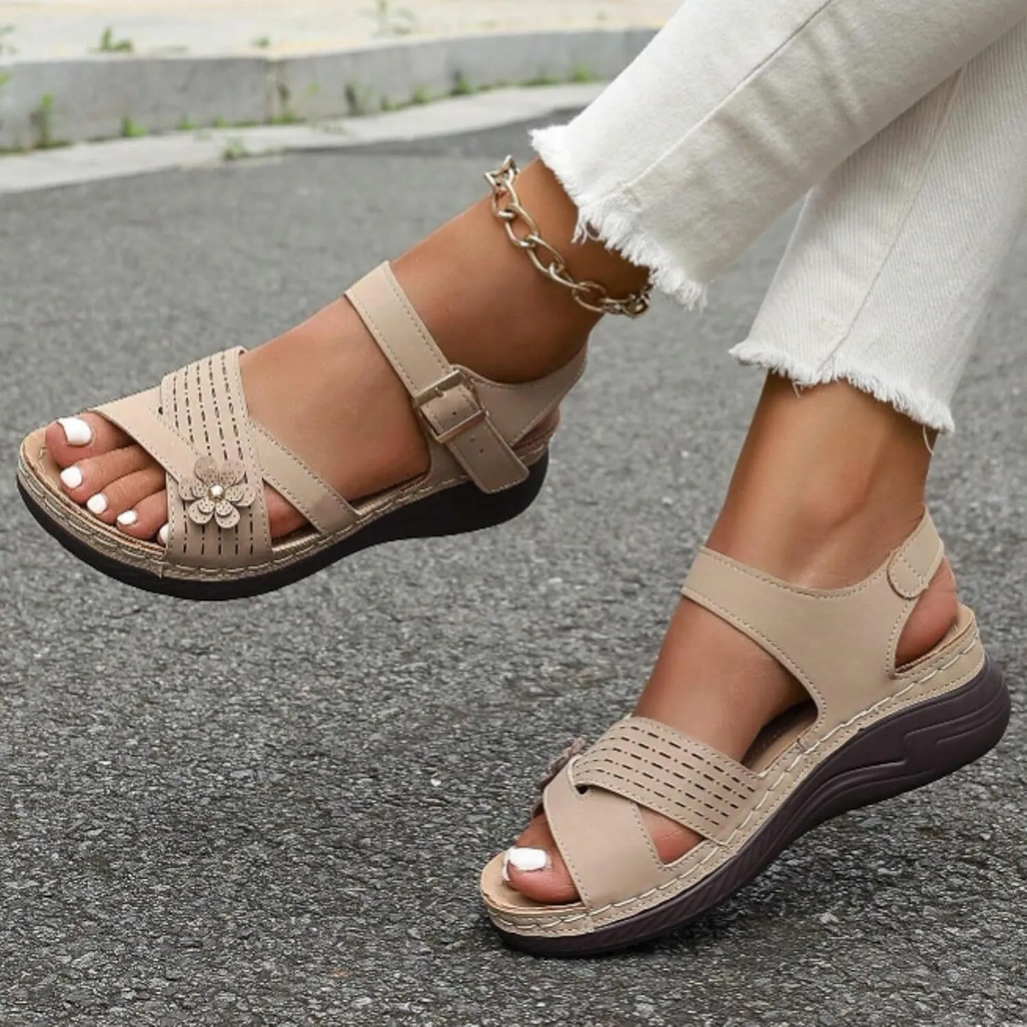 SuanlaTDS Womens Sandals Platform Comfortable Wedge Open Toe with Arch Support Ankle Strap Bubkl-e Orthopedic Sandals Summer Outdoor Activities Beach Low Wedges Heels Walking Shoes