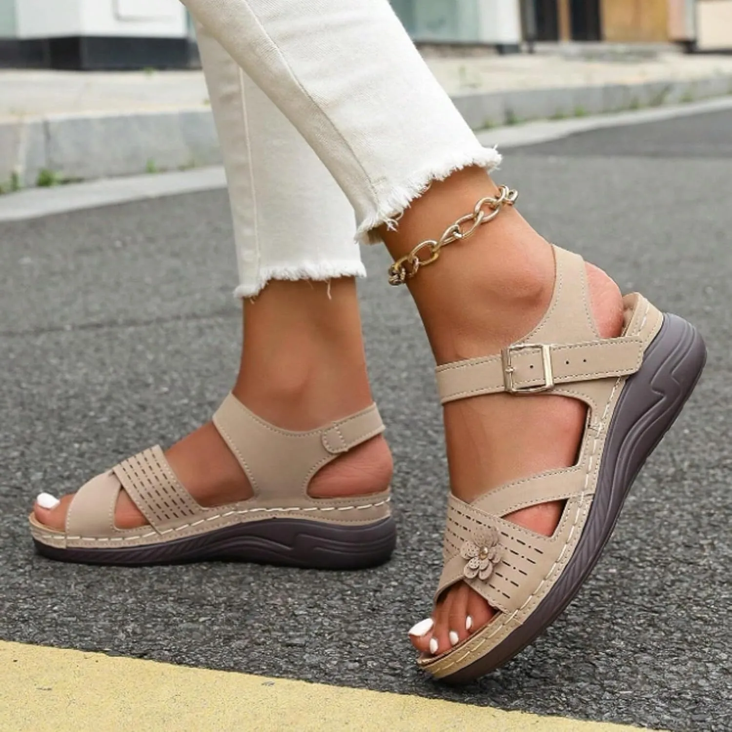 SuanlaTDS Womens Sandals Platform Comfortable Wedge Open Toe with Arch Support Ankle Strap Bubkl-e Orthopedic Sandals Summer Outdoor Activities Beach Low Wedges Heels Walking Shoes