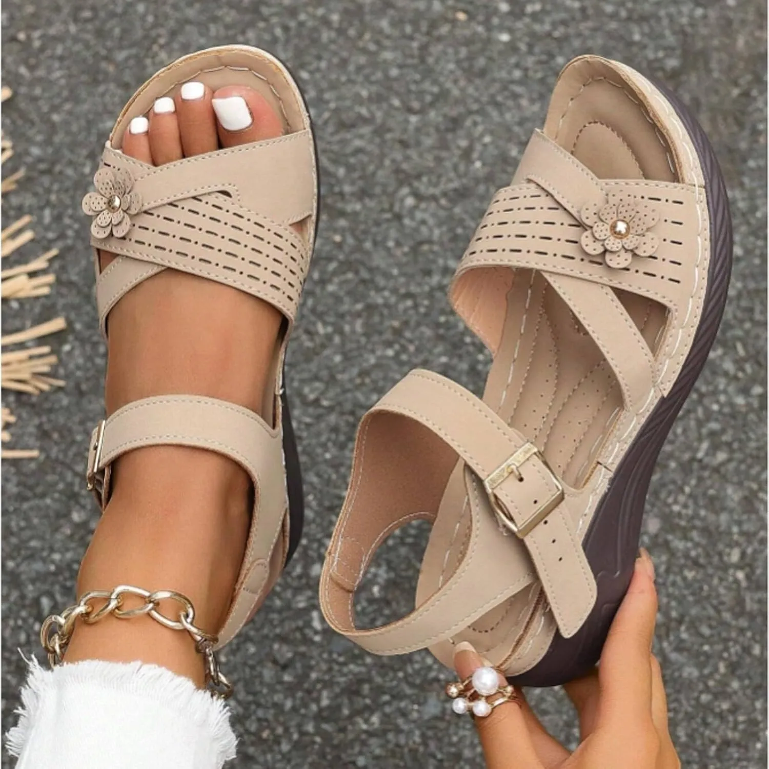 SuanlaTDS Womens Sandals Platform Comfortable Wedge Open Toe with Arch Support Ankle Strap Bubkl-e Orthopedic Sandals Summer Outdoor Activities Beach Low Wedges Heels Walking Shoes