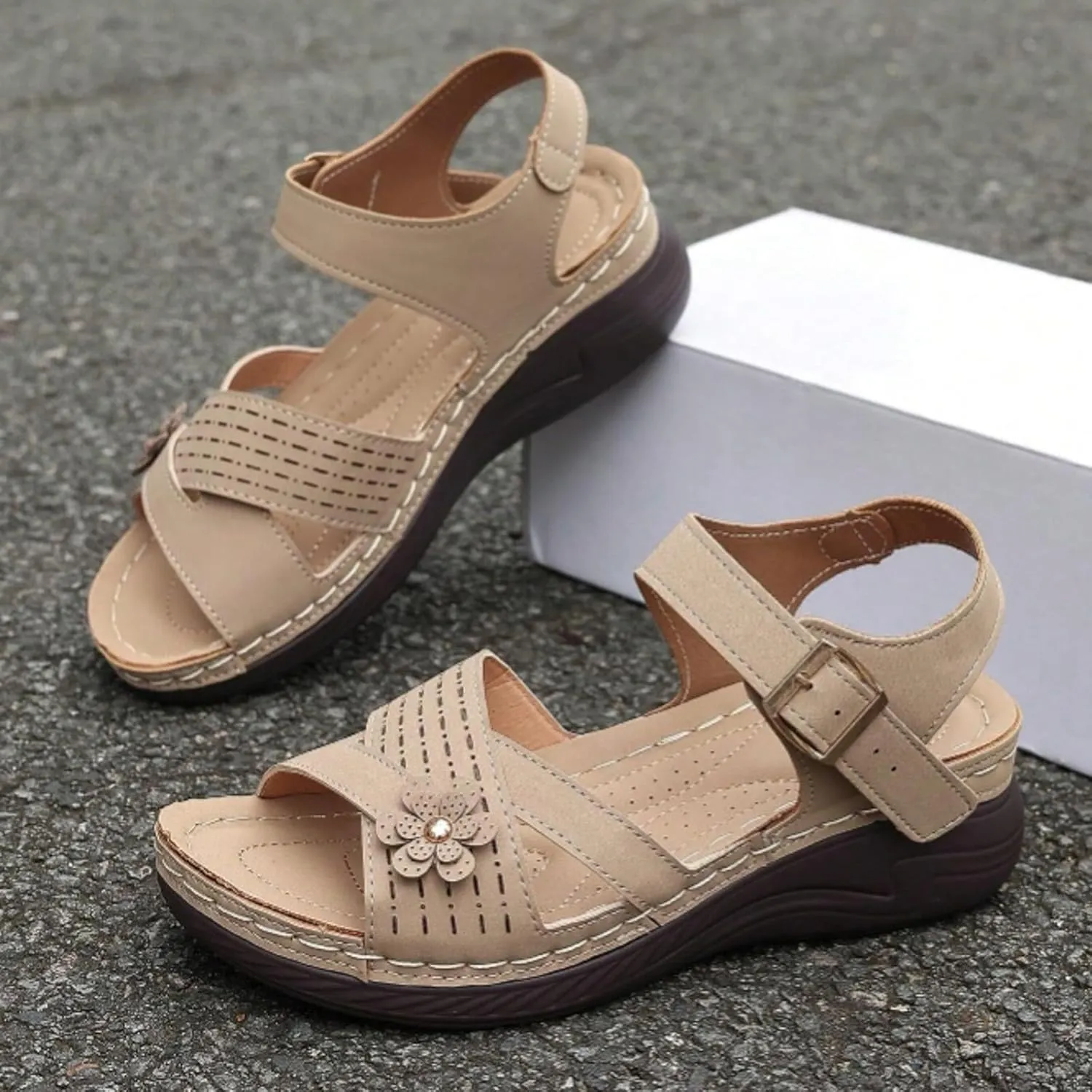 SuanlaTDS Womens Sandals Platform Comfortable Wedge Open Toe with Arch Support Ankle Strap Bubkl-e Orthopedic Sandals Summer Outdoor Activities Beach Low Wedges Heels Walking Shoes