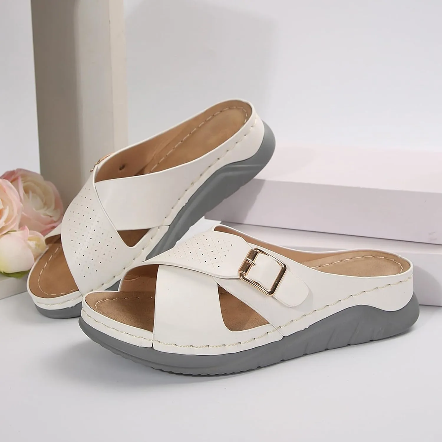 SuanlaTDS Womens Sandals Platform Wedge Summer Beach Comfortable Walking Shoes with Arch Support Open Toe Low Heels Wedges Slip On Slide Sandals Casual Outdoor Orthopedic Sandals Slippers