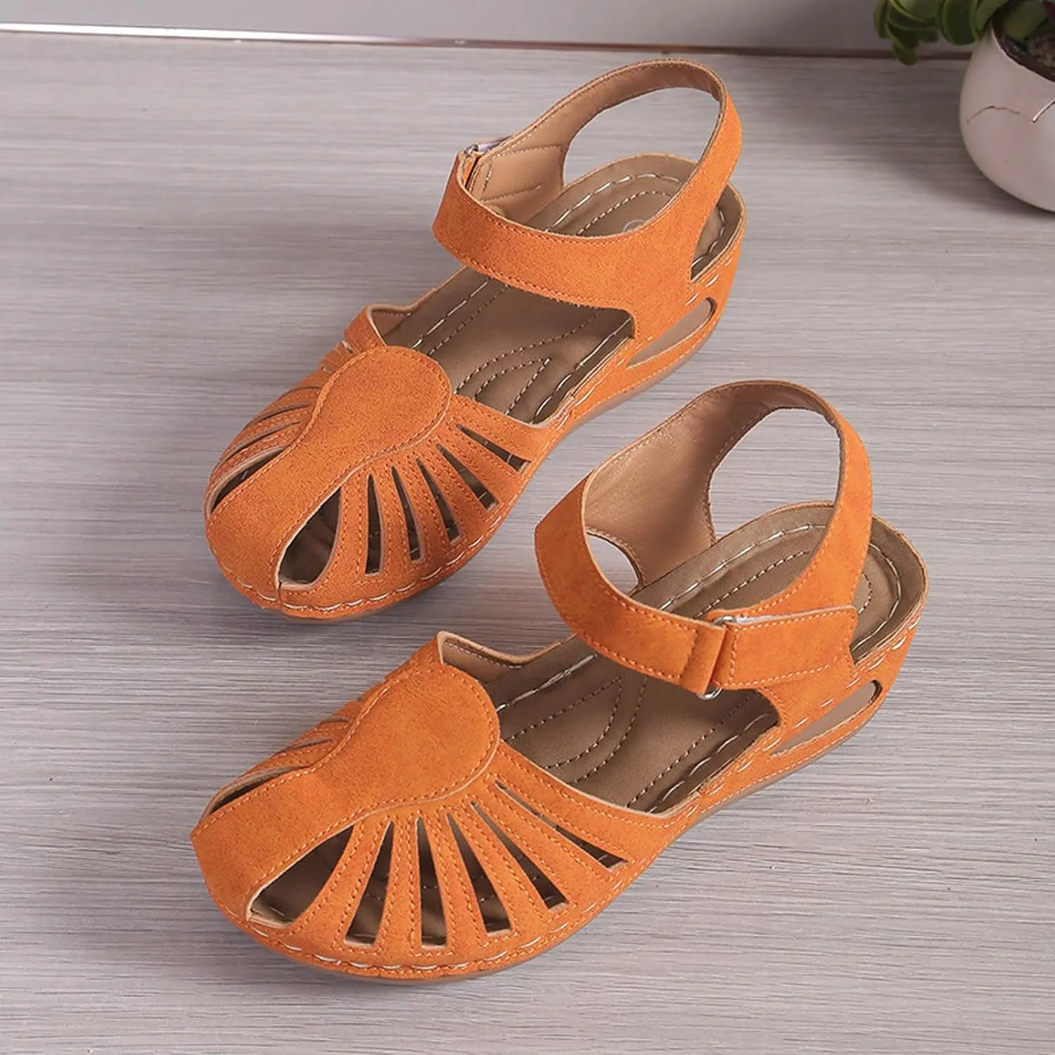 SuanlaTDS Women's Wedge Orthopedic Sandals Closed Toe 2025 Dressy Summer Platform Comfortable Arch Support Hook Loop Ankle Strap Singback Low Heels Wedges Sandal Outdoor Walking Shoes