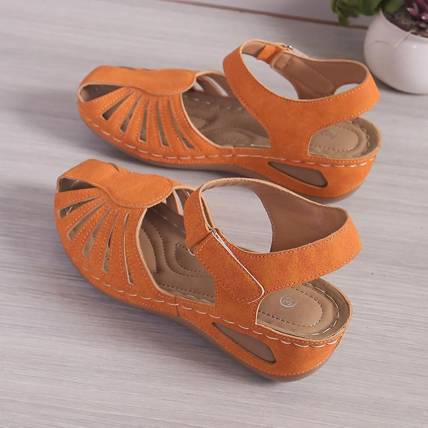 SuanlaTDS Women's Wedge Orthopedic Sandals Closed Toe 2025 Dressy Summer Platform Comfortable Arch Support Hook Loop Ankle Strap Singback Low Heels Wedges Sandal Outdoor Walking Shoes