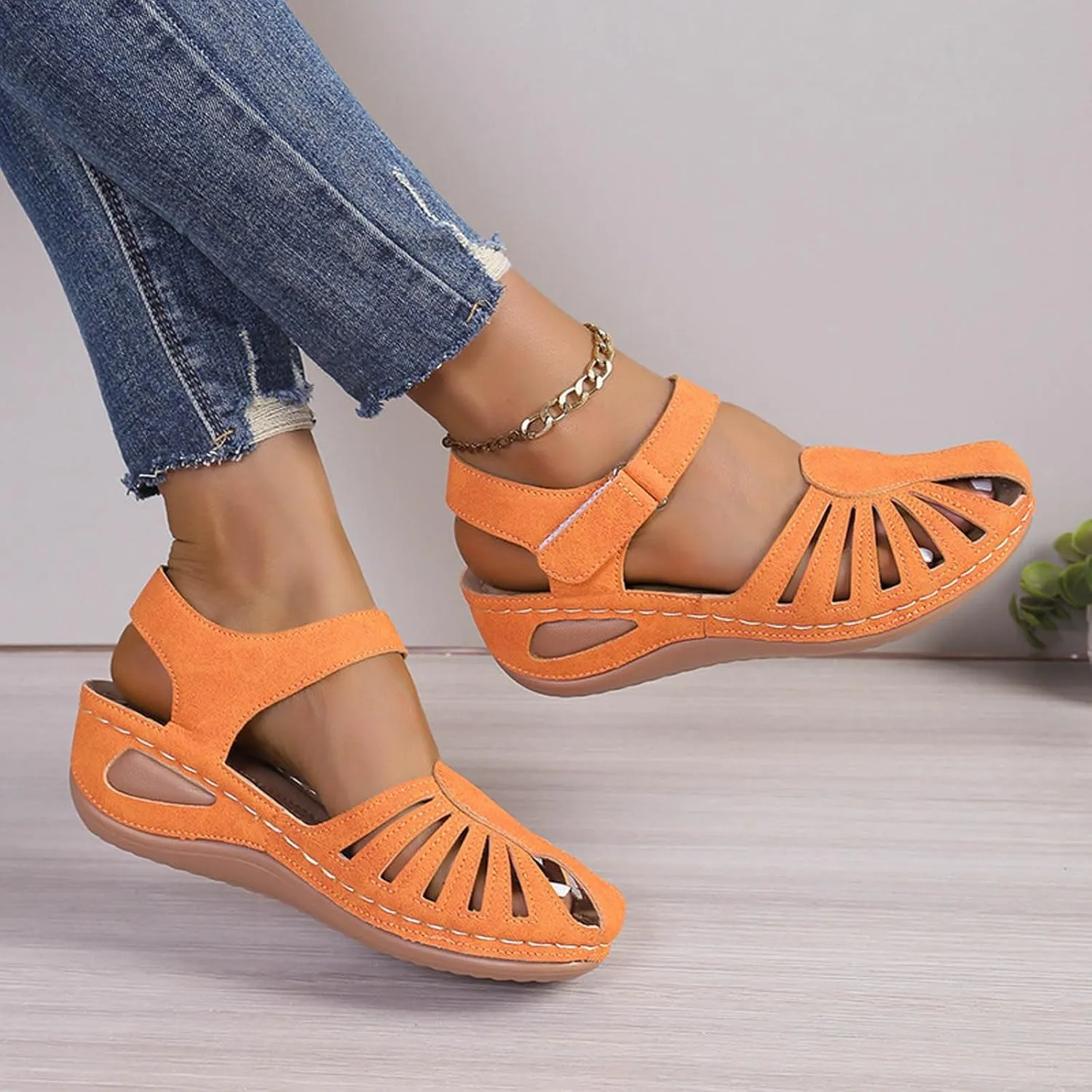 SuanlaTDS Women's Wedge Orthopedic Sandals Closed Toe 2025 Dressy Summer Platform Comfortable Arch Support Hook Loop Ankle Strap Singback Low Heels Wedges Sandal Outdoor Walking Shoes