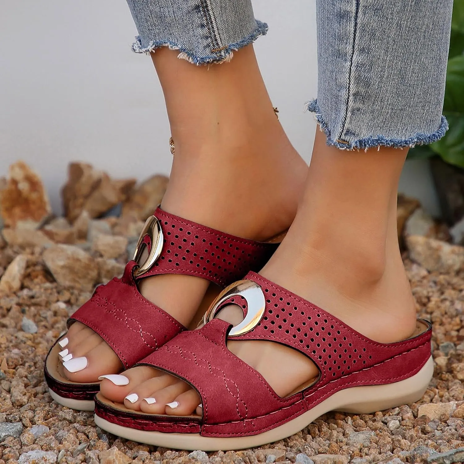 SuanlaTDS Womens Wedge Sandals Comfortable Platform Slip On Slide Sandals for Outdoor Walking Vacation Orthopedic Shoes Casual Summer Open Toe Low Heels Wedges Besch Sandals
