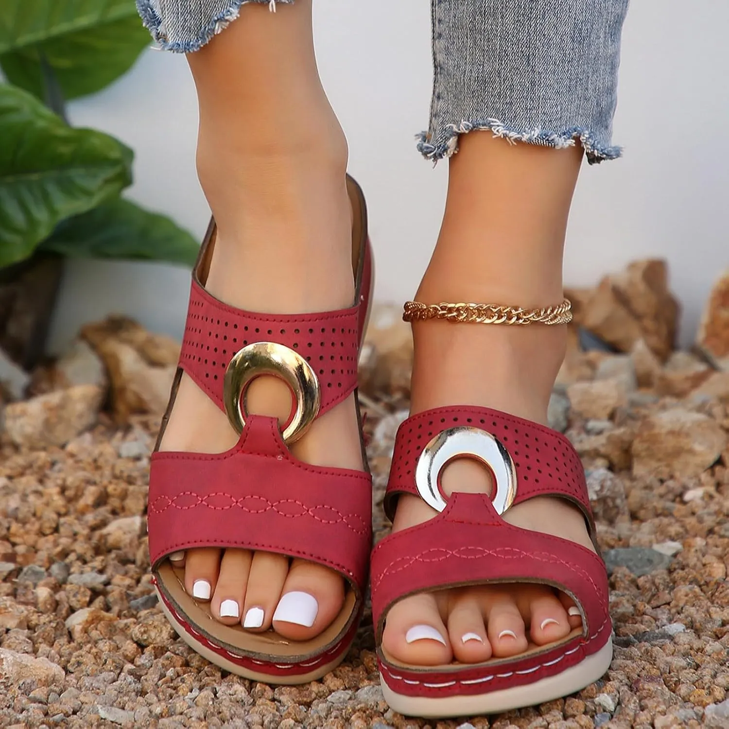SuanlaTDS Womens Wedge Sandals Comfortable Platform Slip On Slide Sandals for Outdoor Walking Vacation Orthopedic Shoes Casual Summer Open Toe Low Heels Wedges Besch Sandals