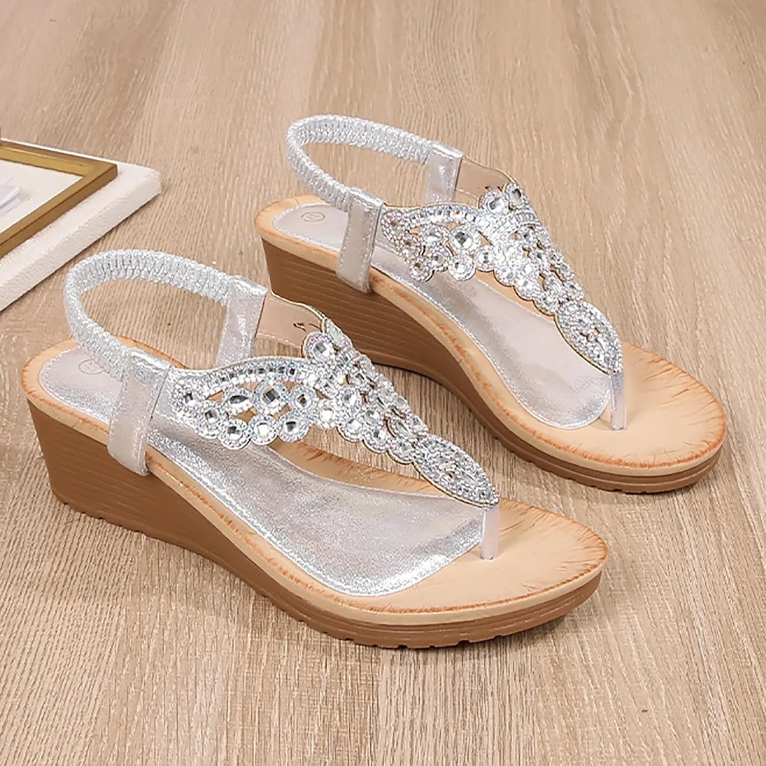 SuanlaTDS Womens Wedge Sandals Comfortable Rhinestones Open Toe Thong Flip Flops Platform High Heel Wedges Elastic Ankle Strap Slip On Slide Sandals Bohemian Summer Beach Dress Shoes