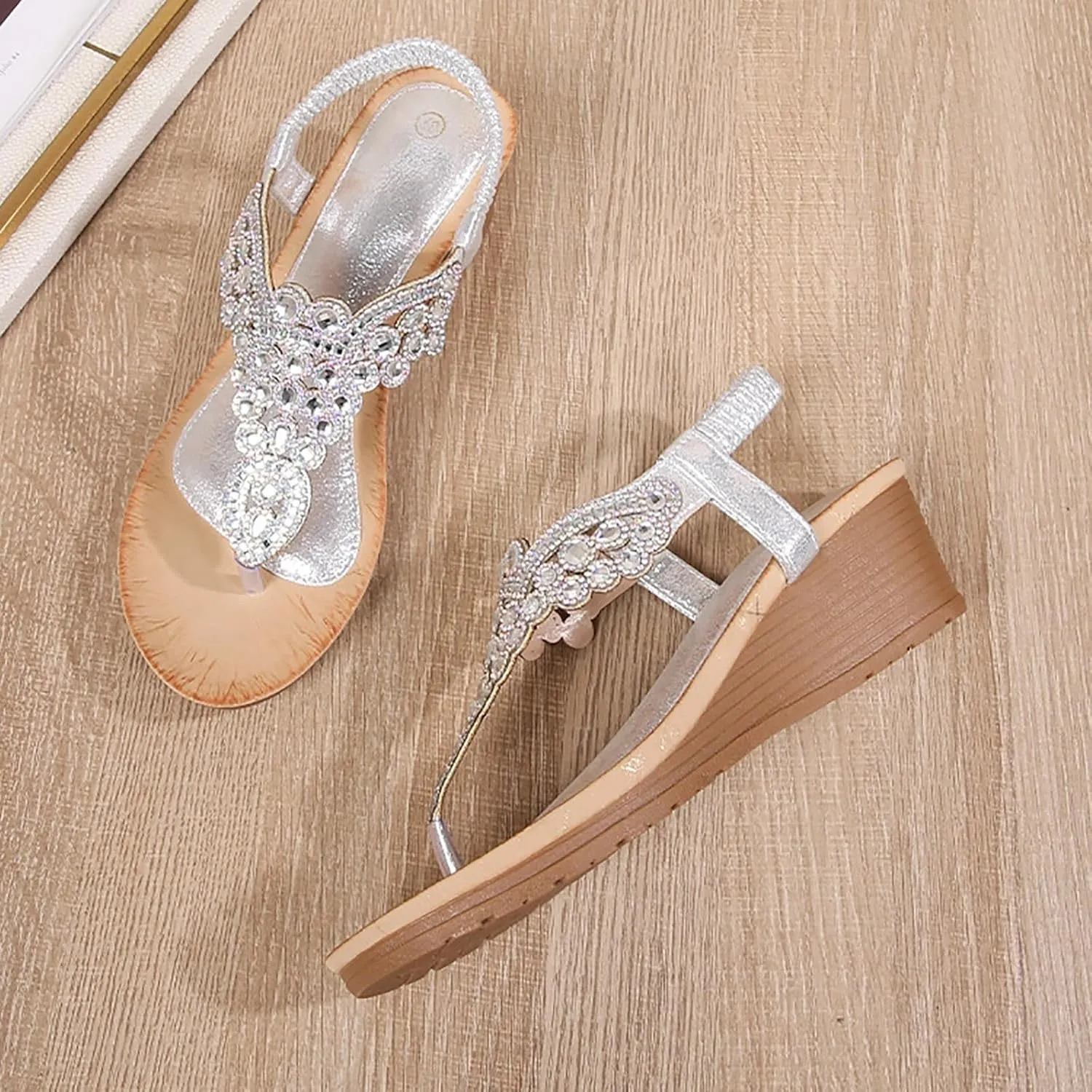 SuanlaTDS Womens Wedge Sandals Comfortable Rhinestones Open Toe Thong Flip Flops Platform High Heel Wedges Elastic Ankle Strap Slip On Slide Sandals Bohemian Summer Beach Dress Shoes