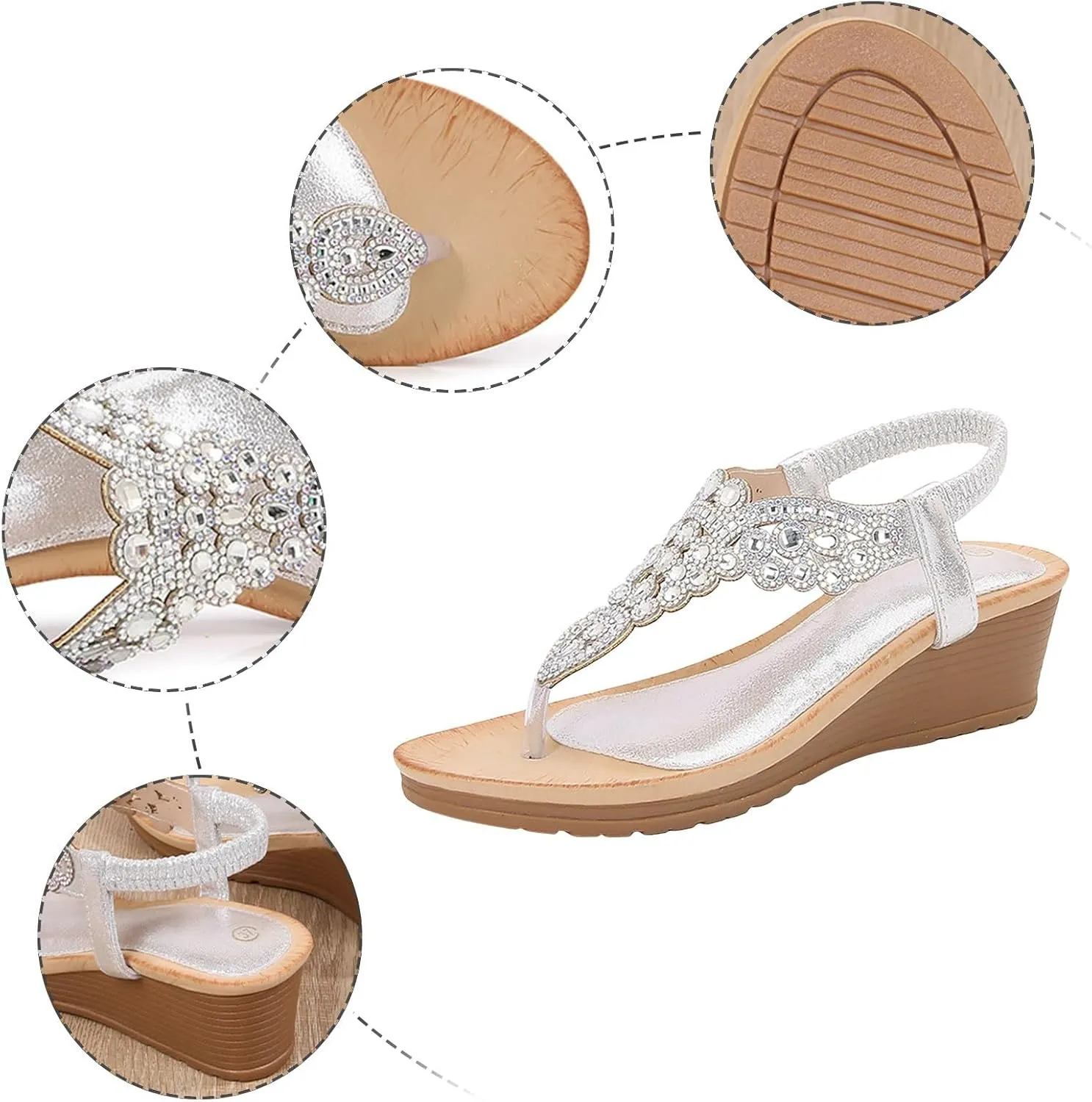 SuanlaTDS Womens Wedge Sandals Comfortable Rhinestones Open Toe Thong Flip Flops Platform High Heel Wedges Elastic Ankle Strap Slip On Slide Sandals Bohemian Summer Beach Dress Shoes
