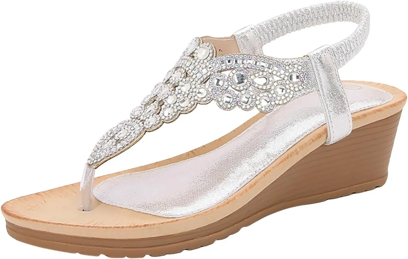 SuanlaTDS Womens Wedge Sandals Comfortable Rhinestones Open Toe Thong Flip Flops Platform High Heel Wedges Elastic Ankle Strap Slip On Slide Sandals Bohemian Summer Beach Dress Shoes