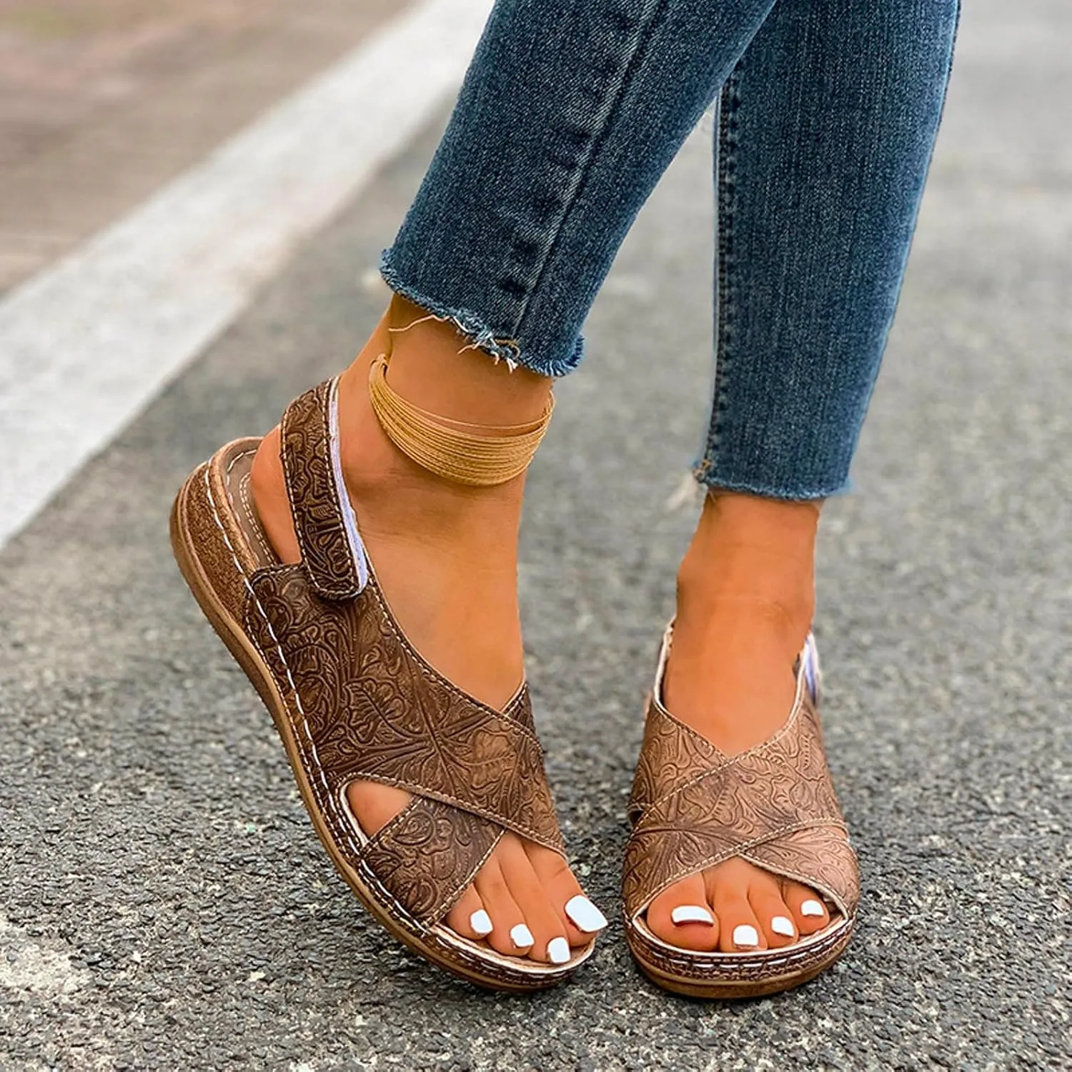 SuanlaTDS Womens Wedge Sandals Comfortable Summer Walking Shoes Crisscross Open Toe Hook & Loop Closure Ankle Strap Dressy Casual Wedges Low Heels Orthopedic Sandal with Arch Support