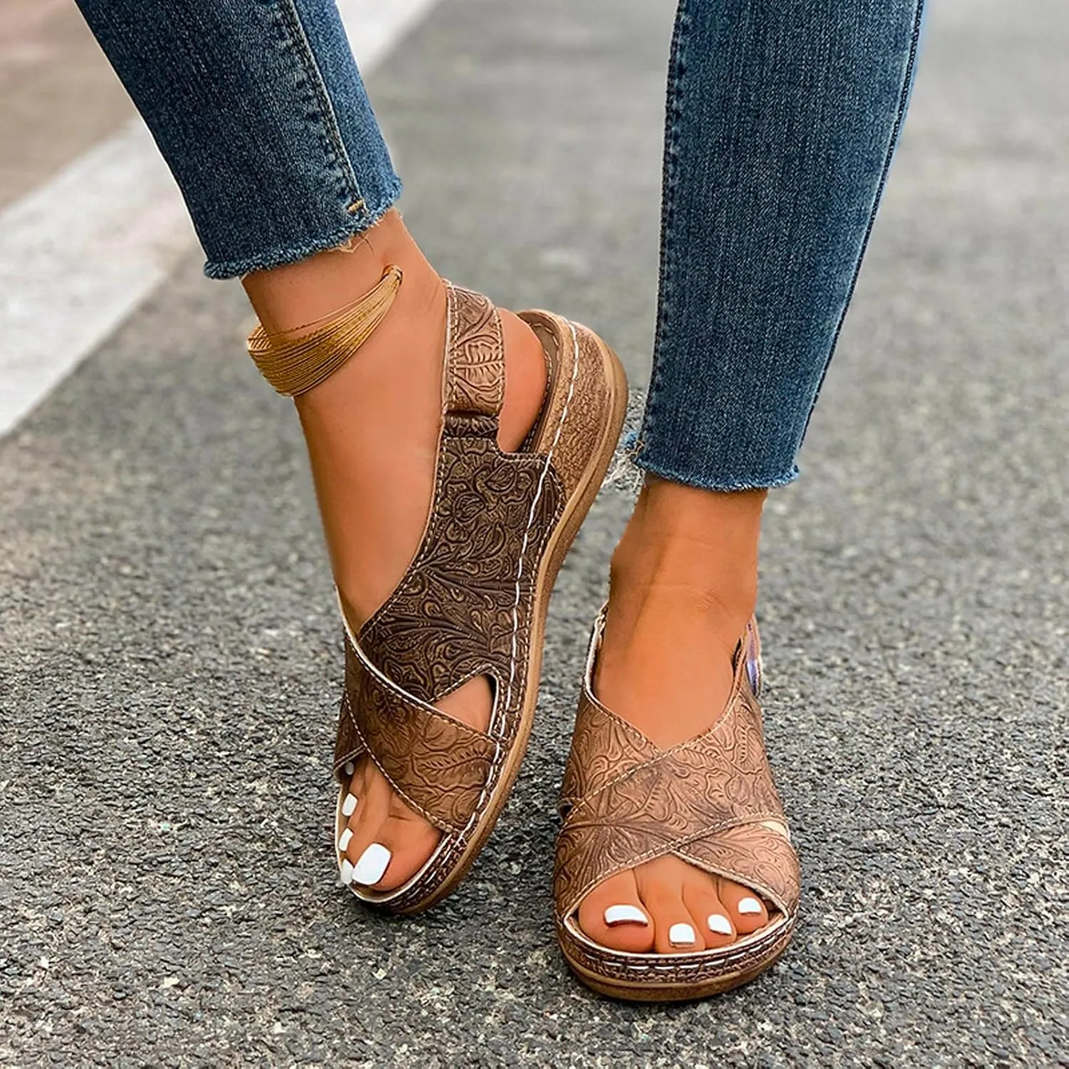 SuanlaTDS Womens Wedge Sandals Comfortable Summer Walking Shoes Crisscross Open Toe Hook & Loop Closure Ankle Strap Dressy Casual Wedges Low Heels Orthopedic Sandal with Arch Support