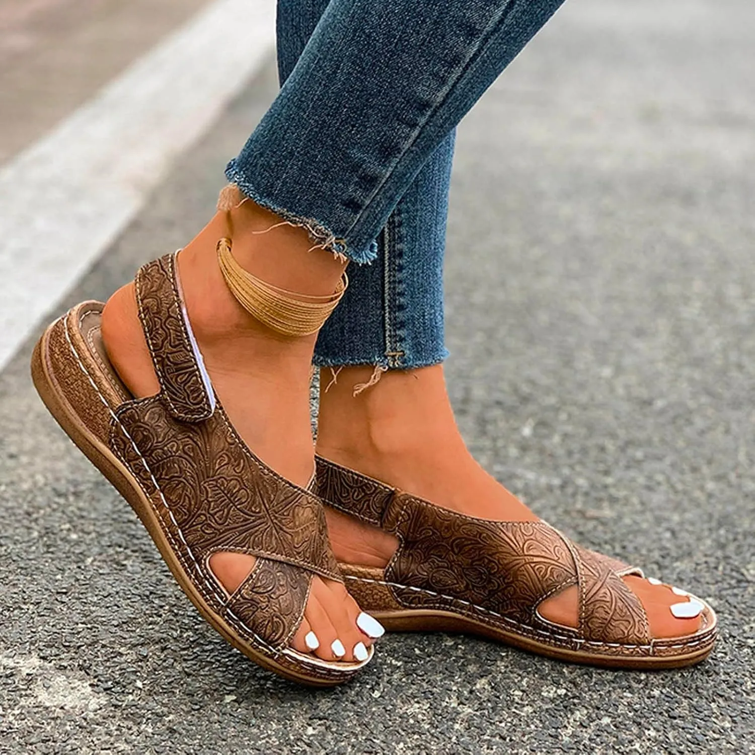 SuanlaTDS Womens Wedge Sandals Comfortable Summer Walking Shoes Crisscross Open Toe Hook & Loop Closure Ankle Strap Dressy Casual Wedges Low Heels Orthopedic Sandal with Arch Support