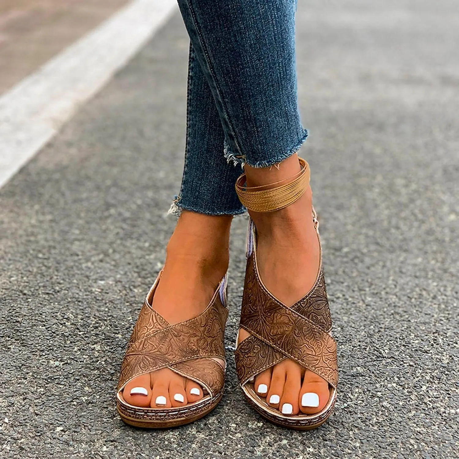 SuanlaTDS Womens Wedge Sandals Comfortable Summer Walking Shoes Crisscross Open Toe Hook & Loop Closure Ankle Strap Dressy Casual Wedges Low Heels Orthopedic Sandal with Arch Support
