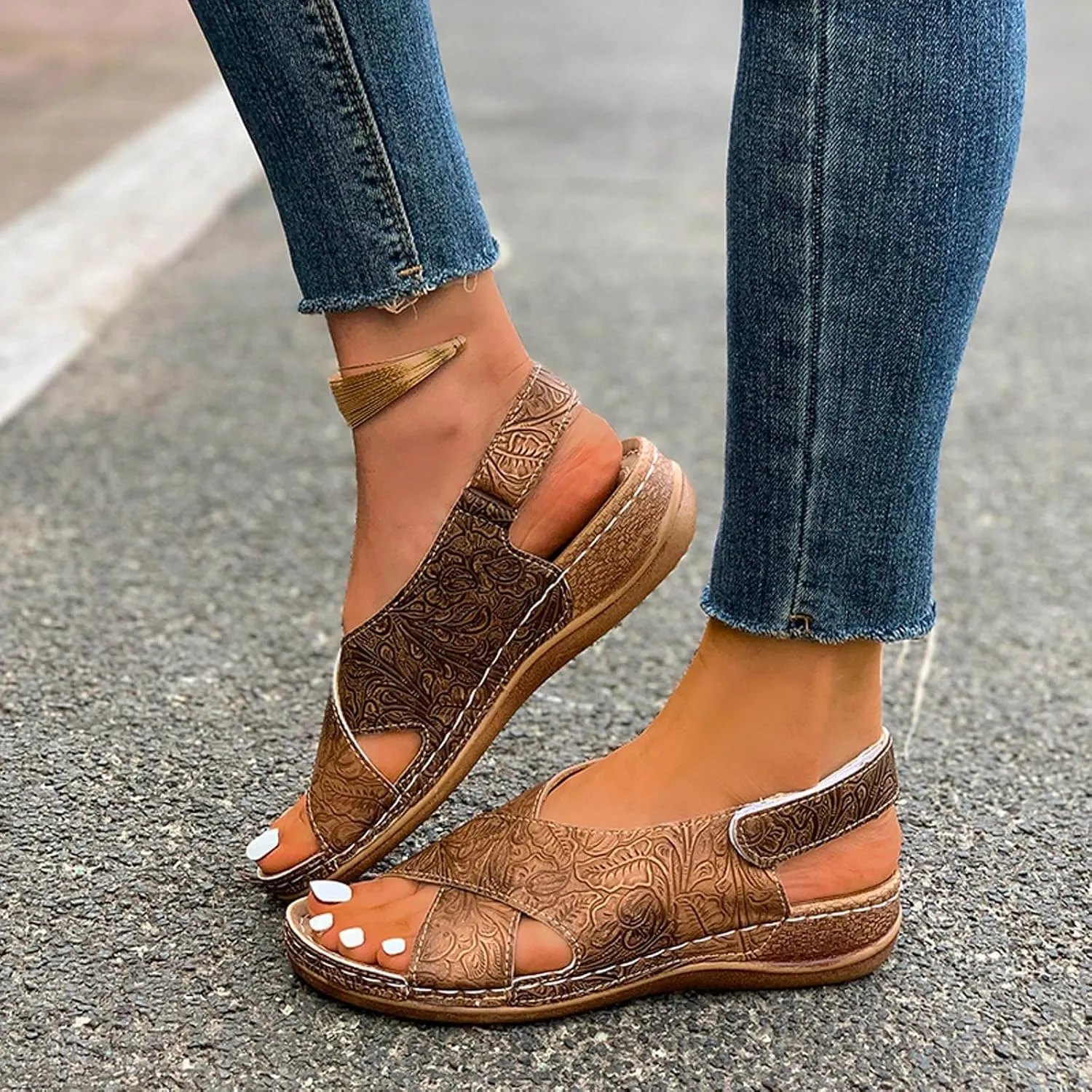 SuanlaTDS Womens Wedge Sandals Comfortable Summer Walking Shoes Crisscross Open Toe Hook & Loop Closure Ankle Strap Dressy Casual Wedges Low Heels Orthopedic Sandal with Arch Support