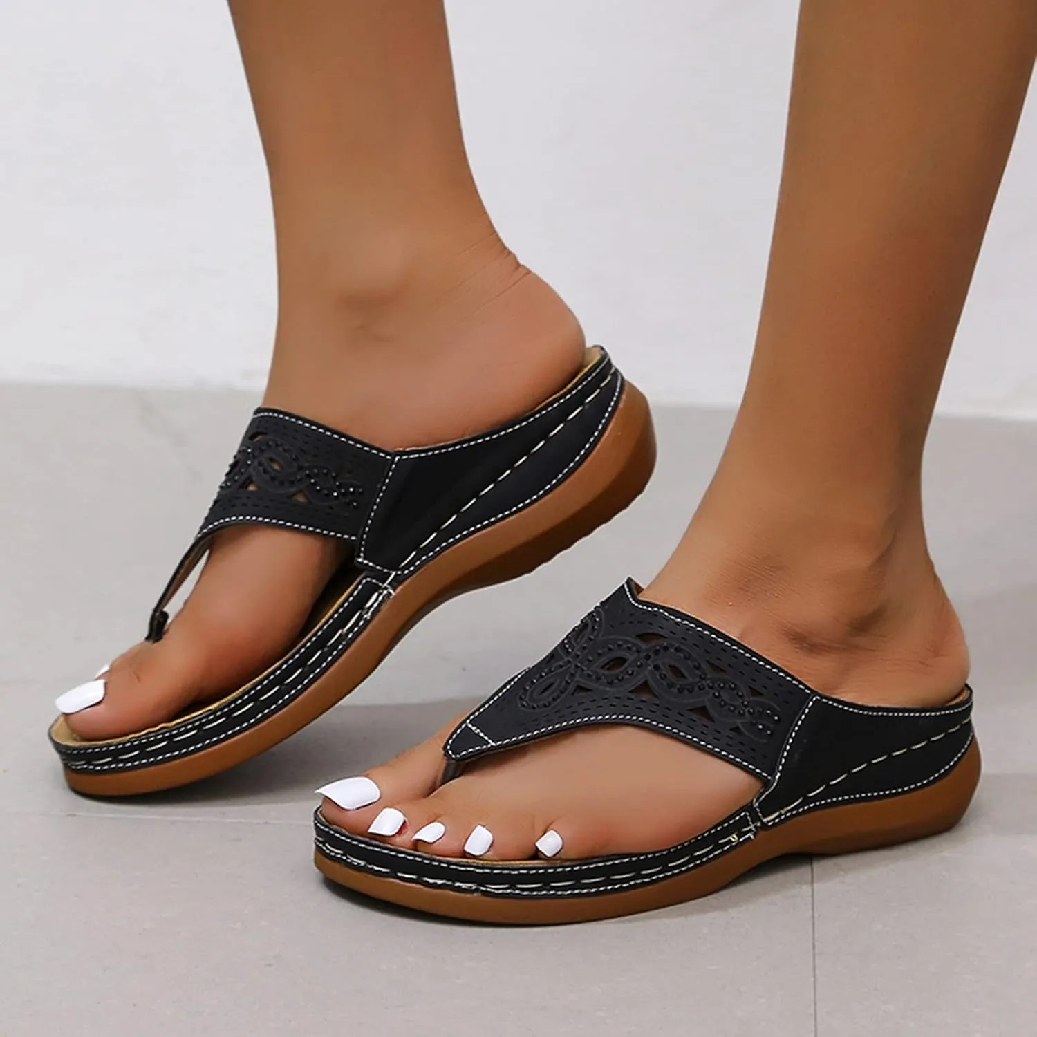 SuanlaTDS Women's Wedge Sandals Platform Flip Flops with Arch Support Comfortable Yoga Mat Athletic Walking Thong Slippers Slip On Open Toe Low Wedges Heels Slide Orthopedic Sandals
