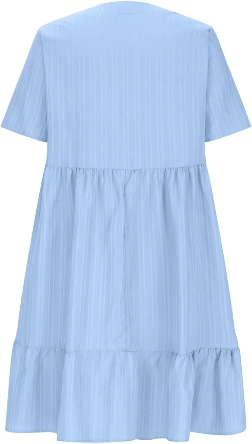 Summer Dresses for Women 2025 Vacation Short Sleeve v Neck Mini T Shirt Dress Pleated Ruffle Flowy Beach Sundresses