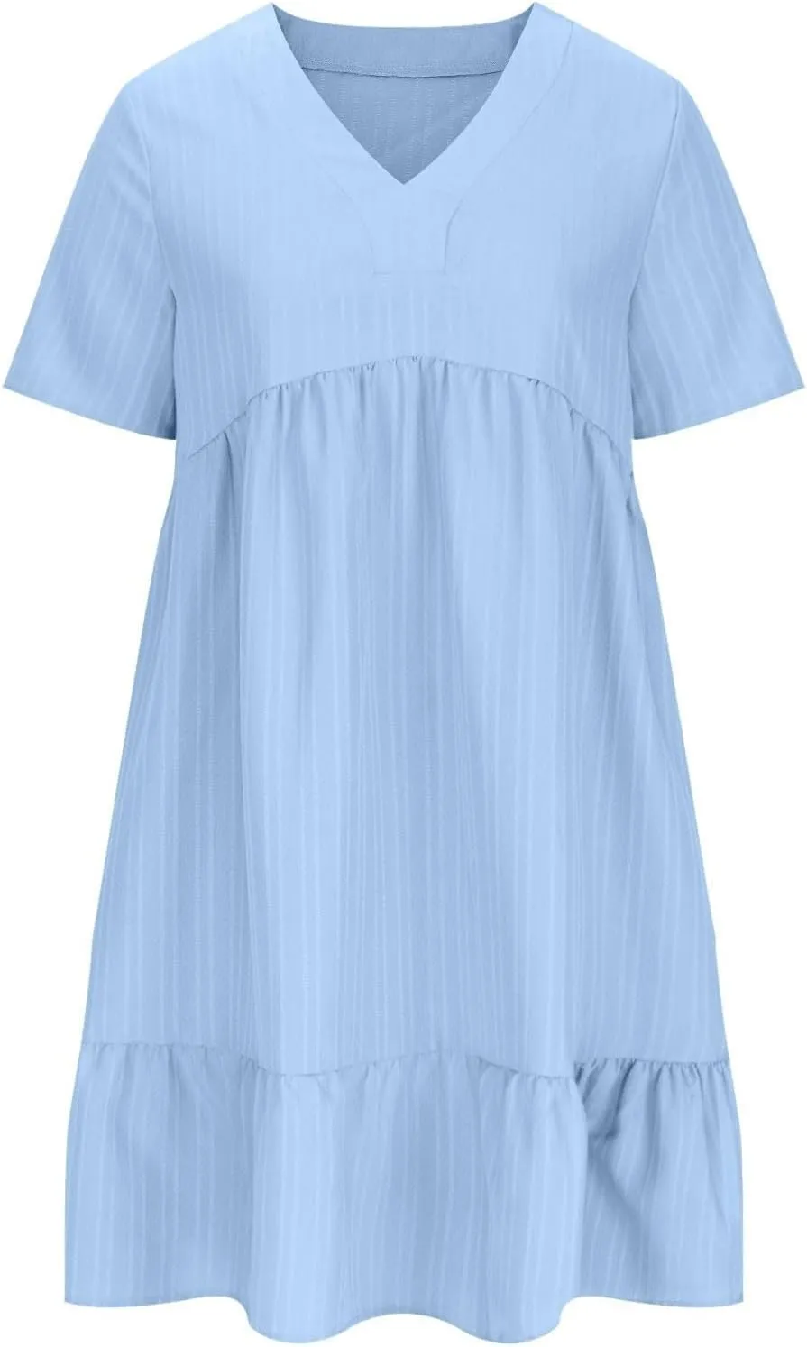 Summer Dresses for Women 2025 Vacation Short Sleeve v Neck Mini T Shirt Dress Pleated Ruffle Flowy Beach Sundresses